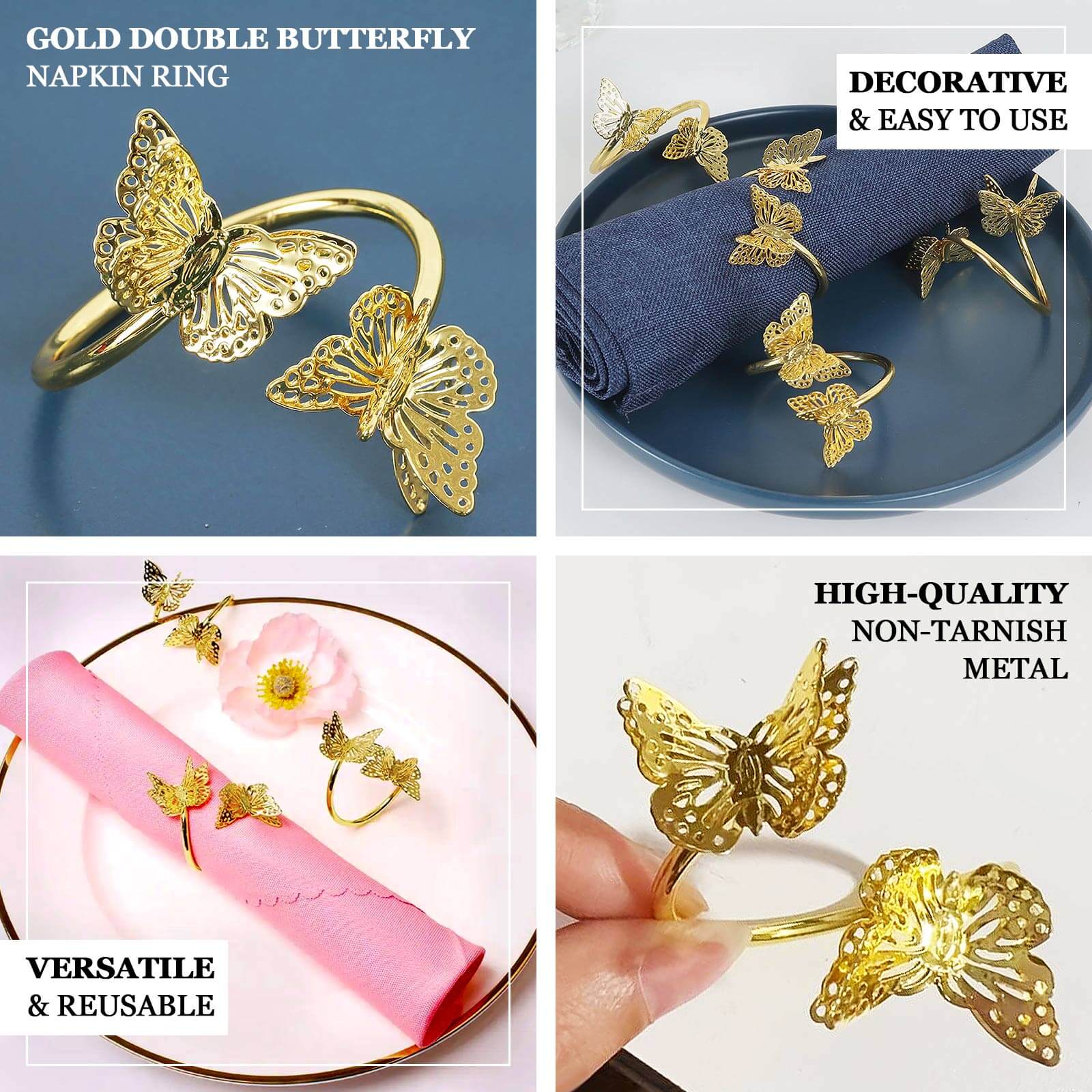 4 Pack Gold Laser Cut Butterfly Metal Napkin Holder Dining Table Decor, Spiral Wedding Napkin Rings - 2