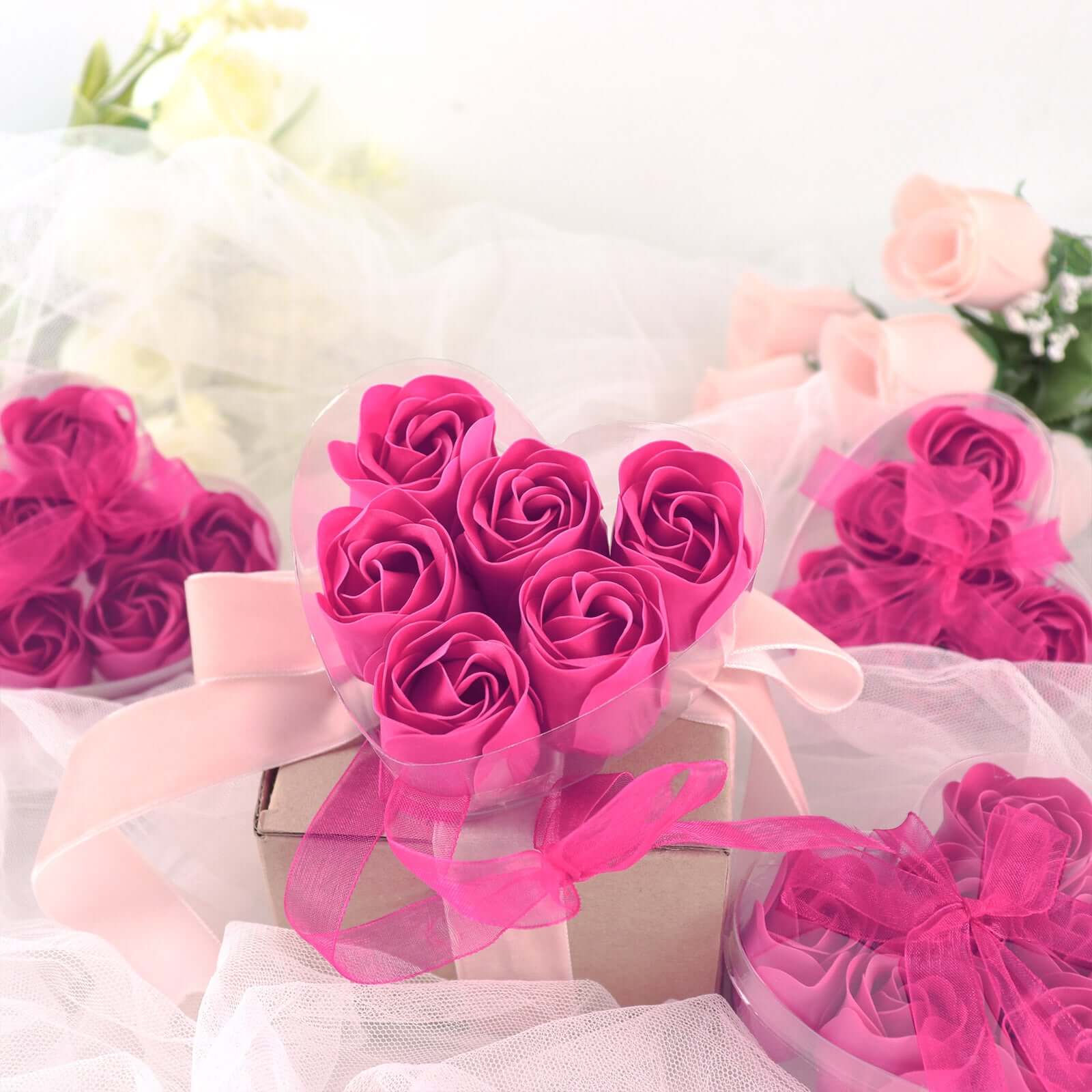 4 Pack 24 Pcs Fuchsia Scented Rose Soap Heart Shaped Party Favors With Gift Boxes And Ribbon