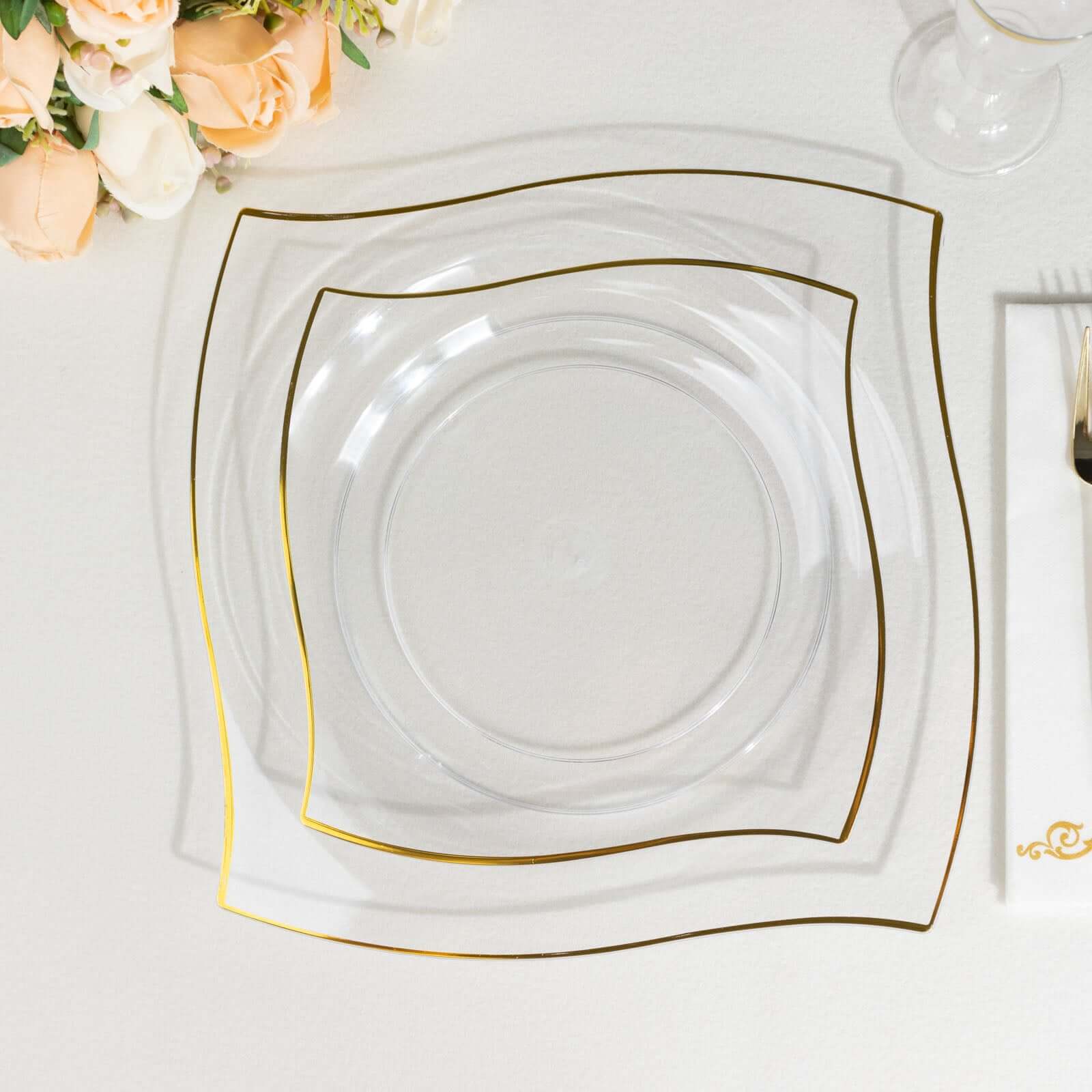 10-Pack Plastic 10 Square Dinner Plates in Clear with Gold Wavy Rim Modern - Disposable Party Plates