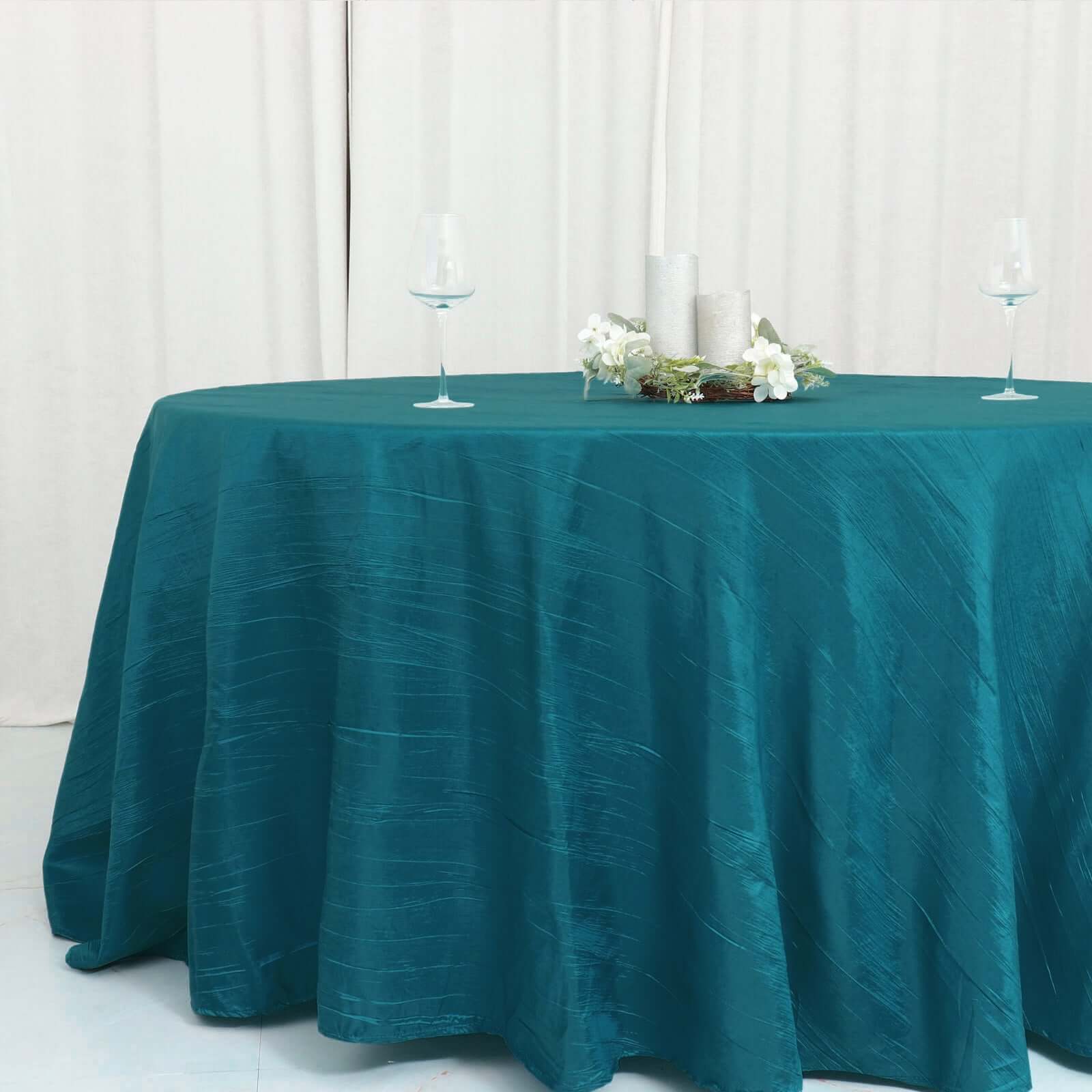 Taffeta 120 Round Tablecloth Peacock Teal - Seamless Accordion Crinkle Table Cover