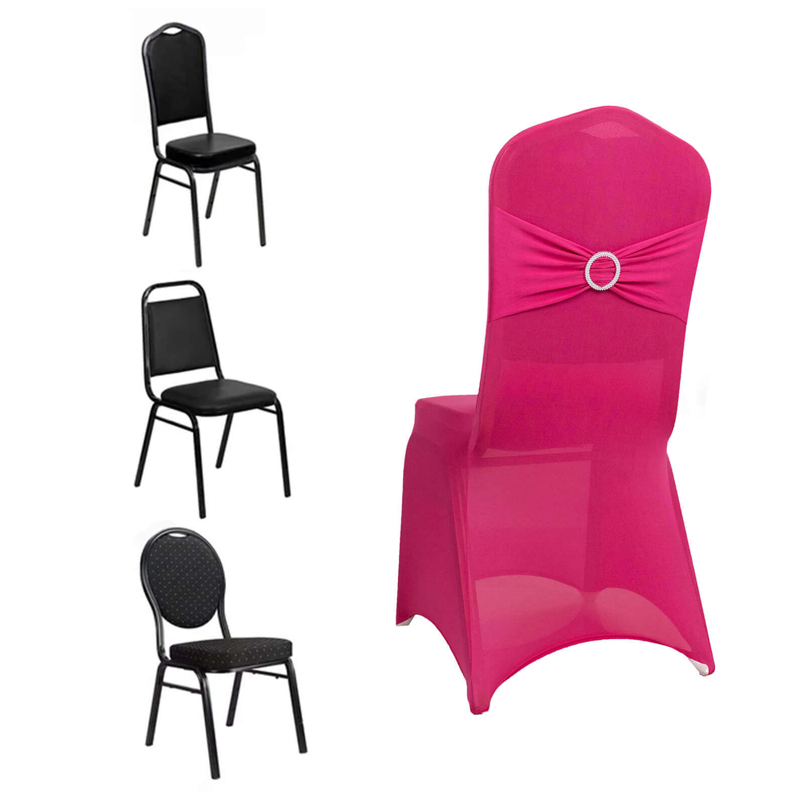 Spandex Chair Cover with Fuchsia Rhinestone Buckled Sash Band Blush - Stretch Fitted Slipcover