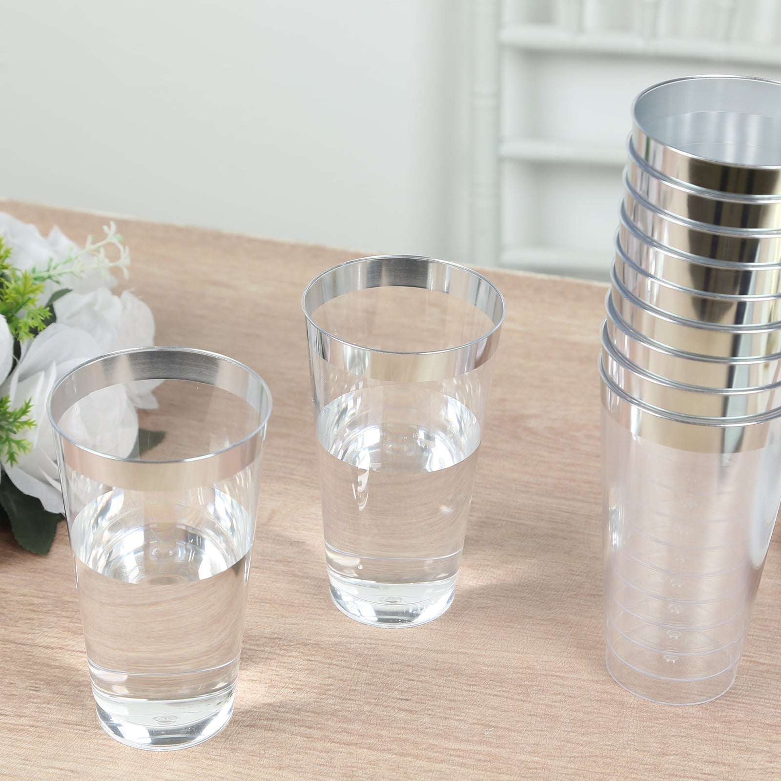 12-Pack Plastic Party Cups Clear with Silver Rim - Durable Disposable Tumblers for Drinks 17oz 5.5
