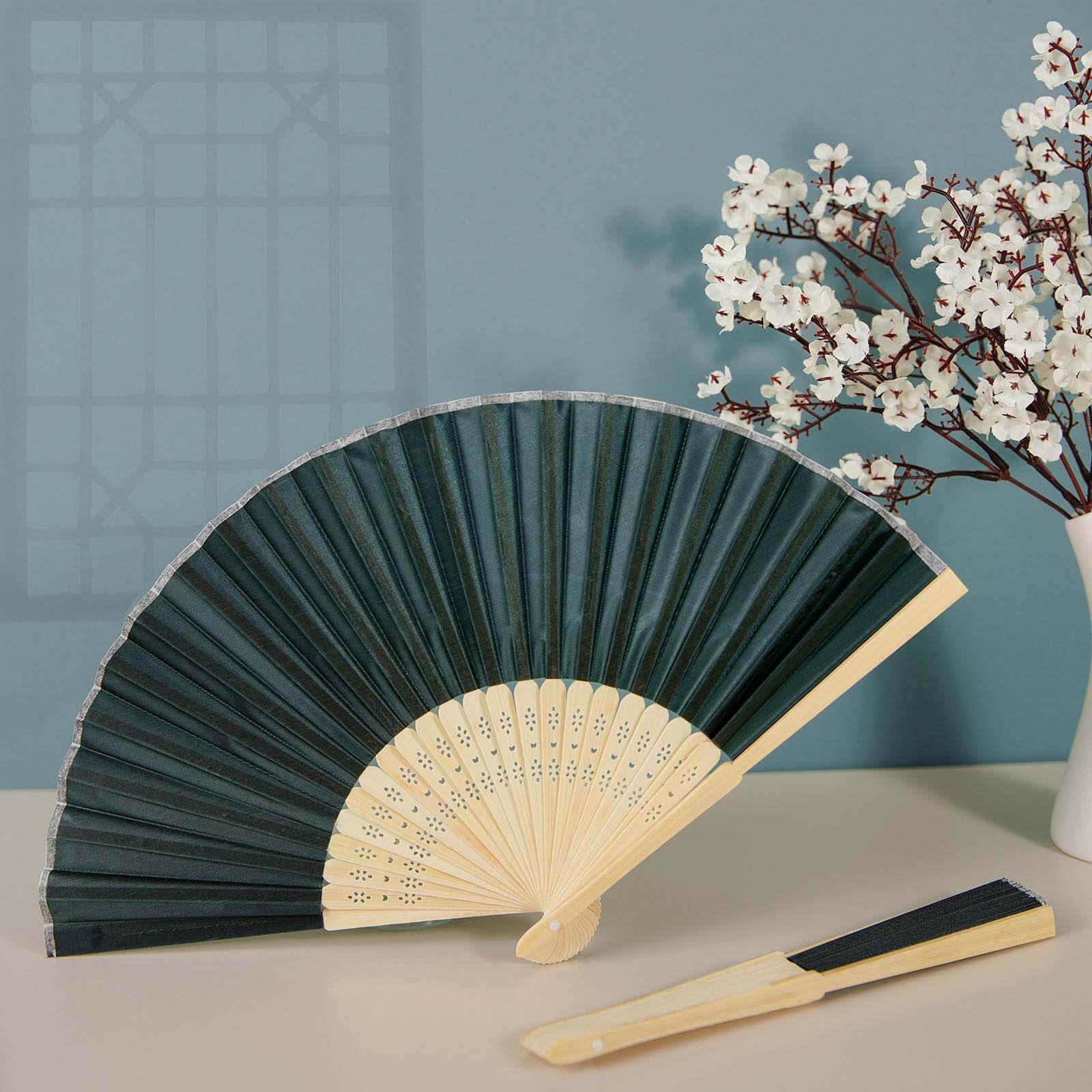 5 Pack Hunter Emerald Green Asian Silk Folding Fans Party Favors, Oriental Folding Fan Favors