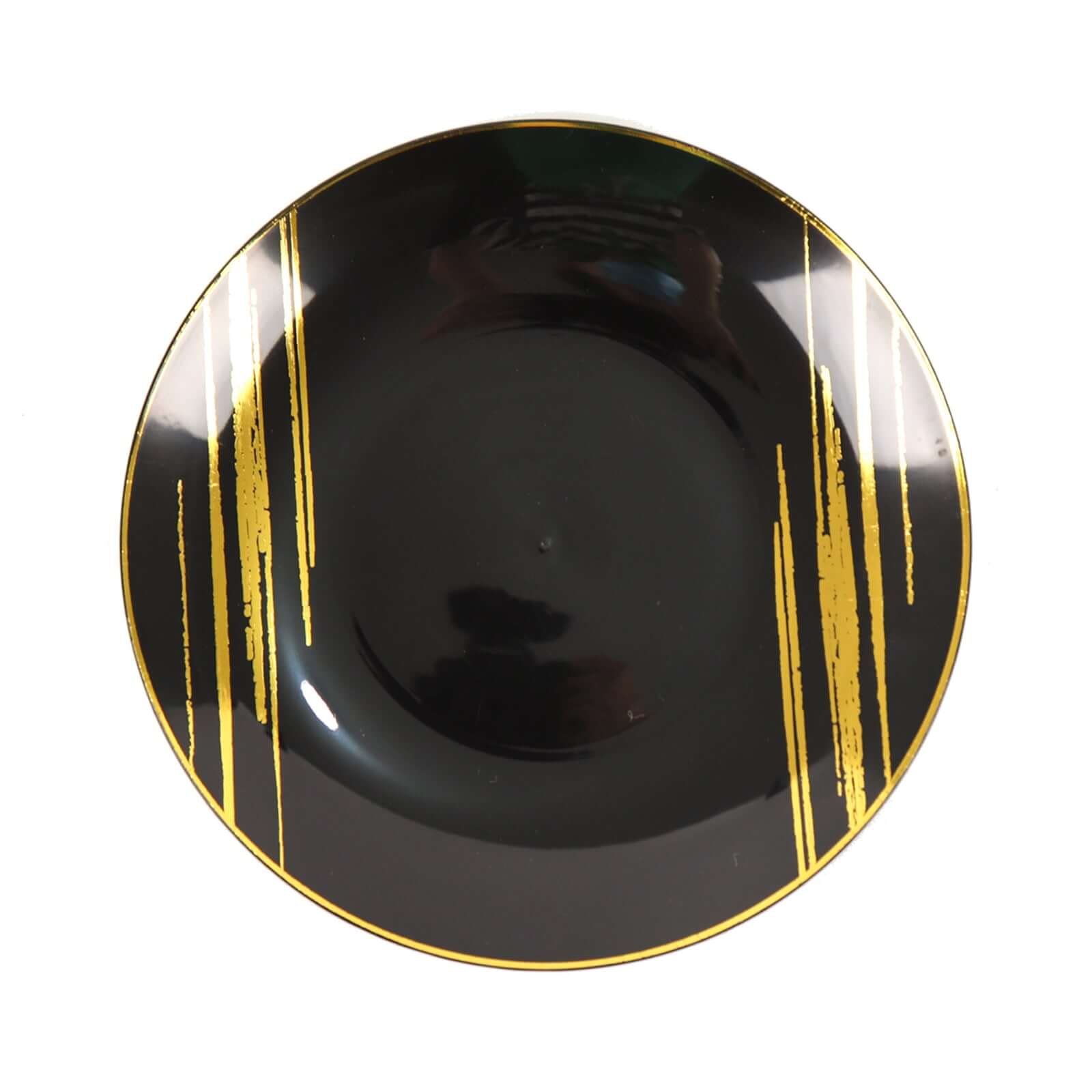 10-Pack Plastic 7 Round Dessert Plates in Black with Gold Brush Stroked Print - Disposable Appetizer Salad Plates for Modern Themed Events & Banquets