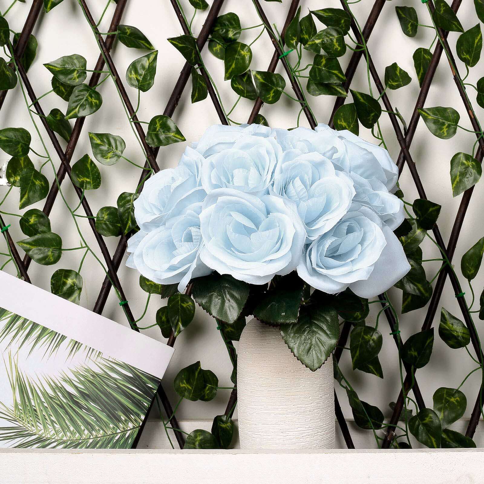 12 Ice Blue Artificial Velvet-Like Fabric Rose Flower Bouquet Bush