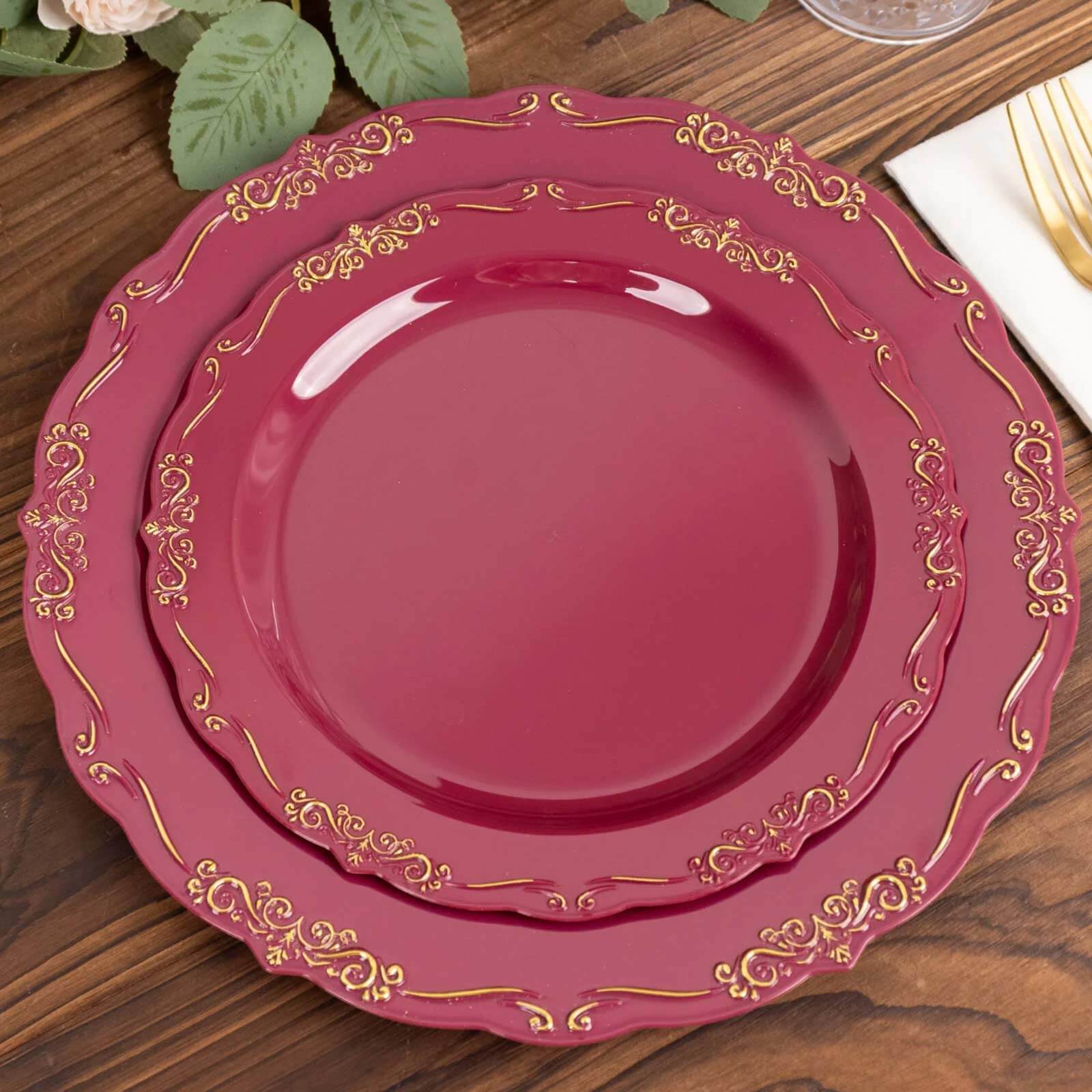 10-Pack Plastic 7 Round Dessert Plates in Burgundy with Gold Vintage Embossed Rim - Sturdy Disposable Scalloped Edge Salad Plates