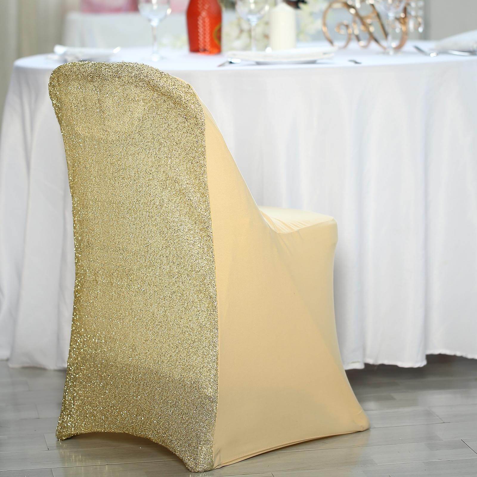 Stretch Spandex Chair Cover Champagne for Folding Chairs - Metallic Shimmer Tinsel Back Design Fitted Slipcover