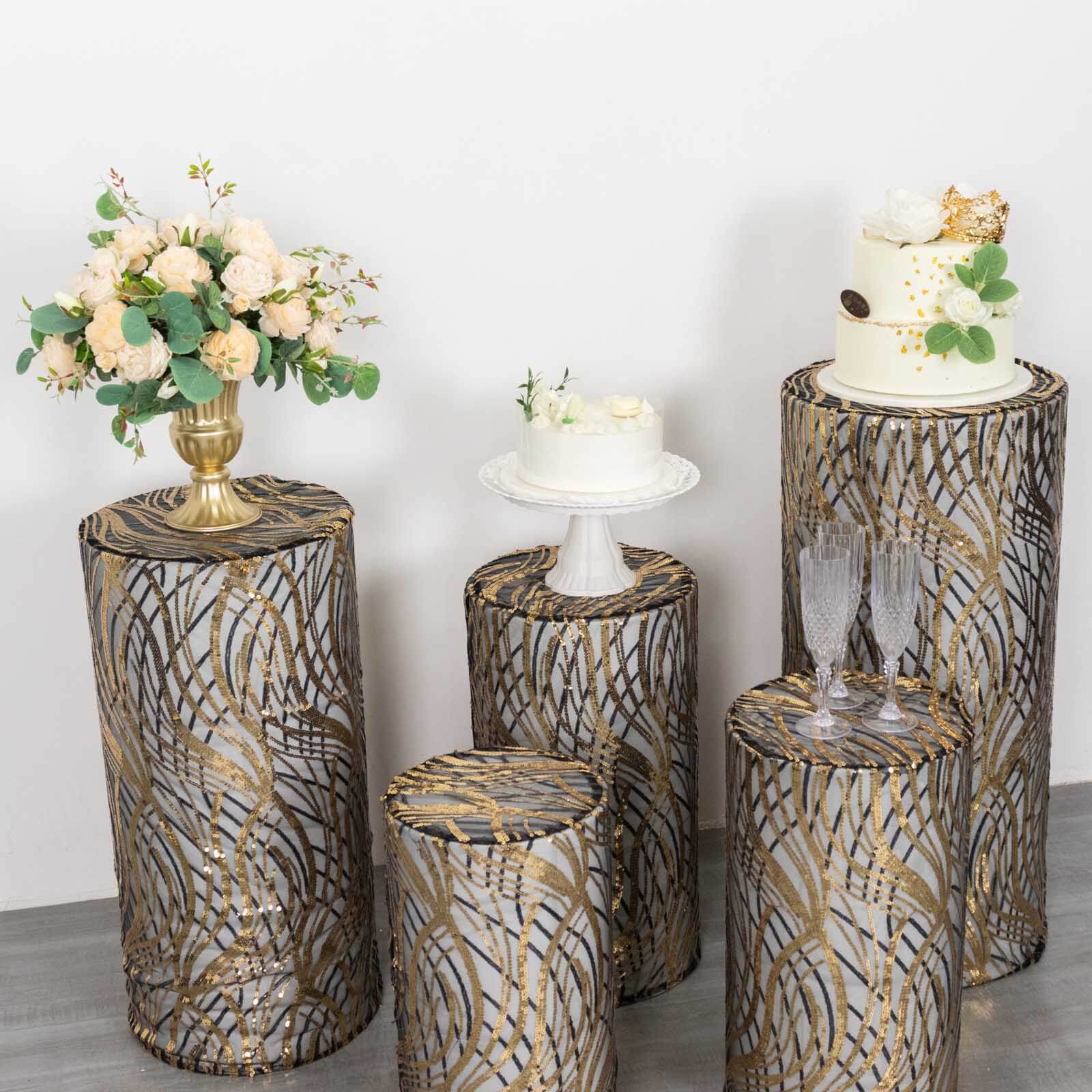 Set of 5 Black Wave Mesh Cylinder Pedestal Stand Covers with Embroidered Sequins, Pillar Prop Covers - 160 GSM