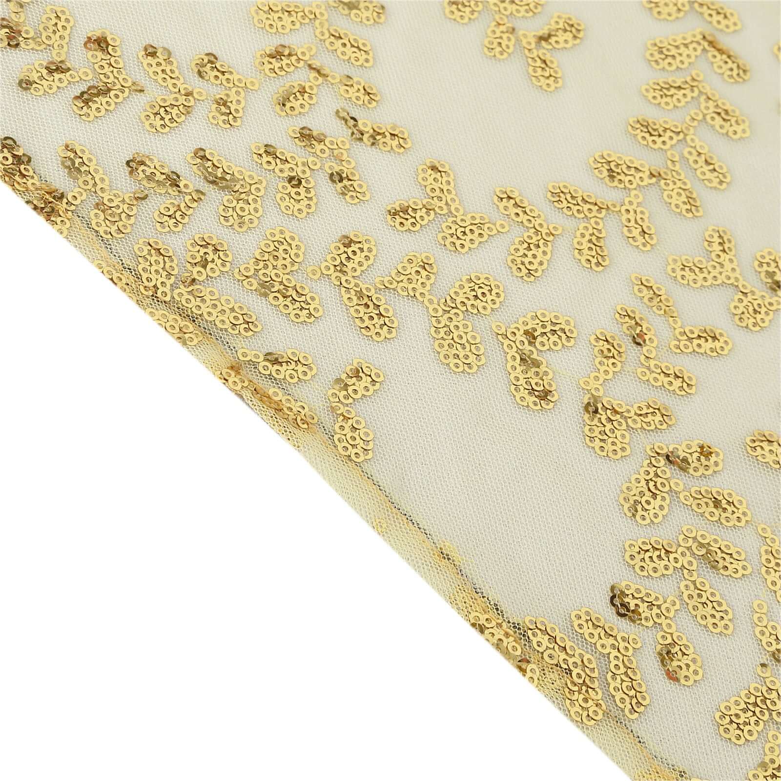 Tulle 90x156 Rectangle Tablecloth Gold - Sequin Leaf Embroidered Design for Luxe Celebrations