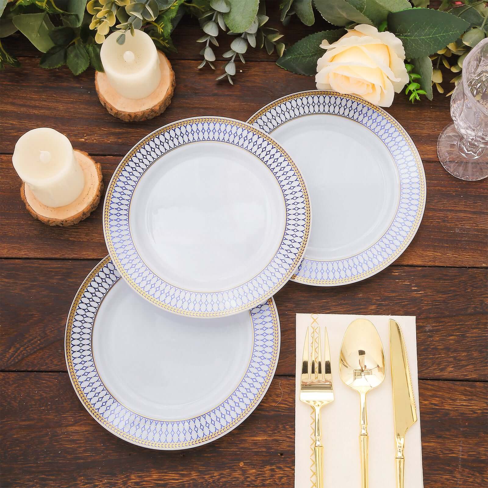 10-Pack Plastic 7 Round Dessert Plates in White with Gold Navy Blue Chord Rim - Renaissance Style Disposable Salad Appetizer Plates for Events & Banquets