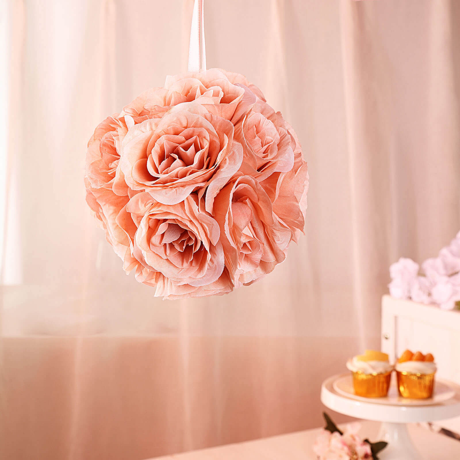 2 Pack 7 Dusty Rose Artificial Silk Rose Kissing Ball, Flower Ball