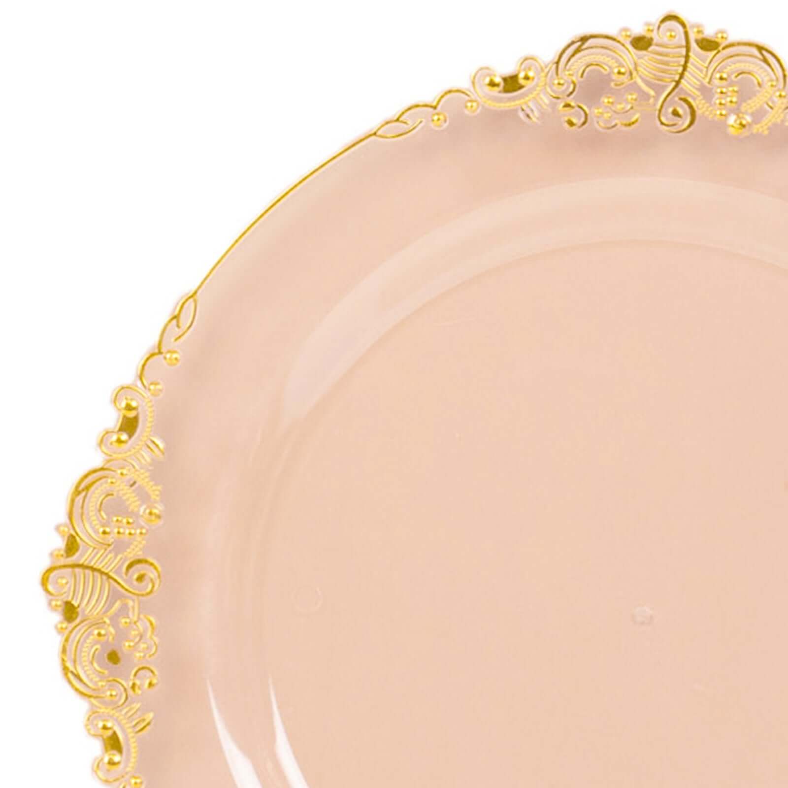 10-Pack Plastic 10 Round Dinner Plates in Transparent Blush with Gold Leaf Embossed Rim - Disposable Vintage Baroque Style Plates