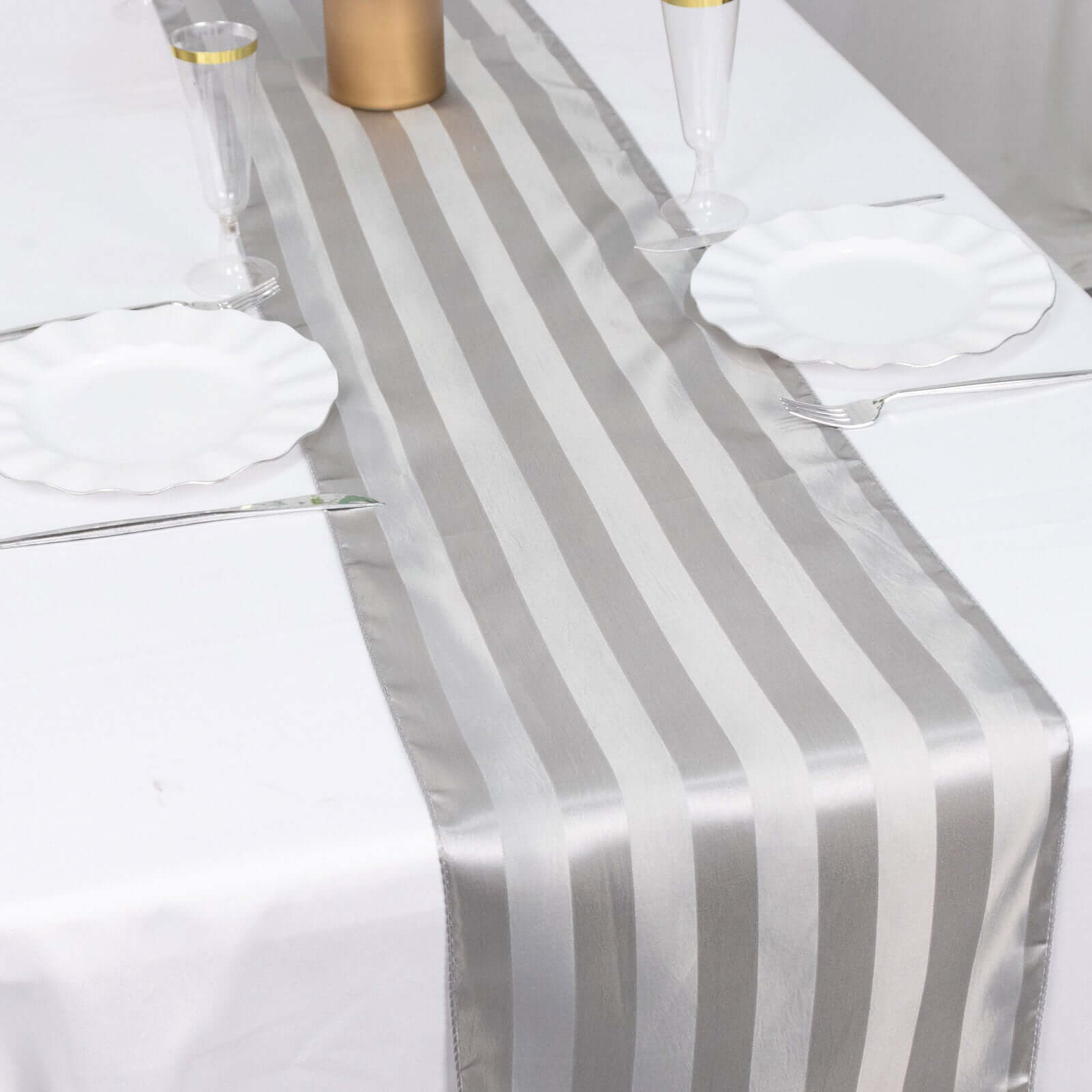 Satin 12x108 Table Runner Silver Stripe - Stripe Table Decor