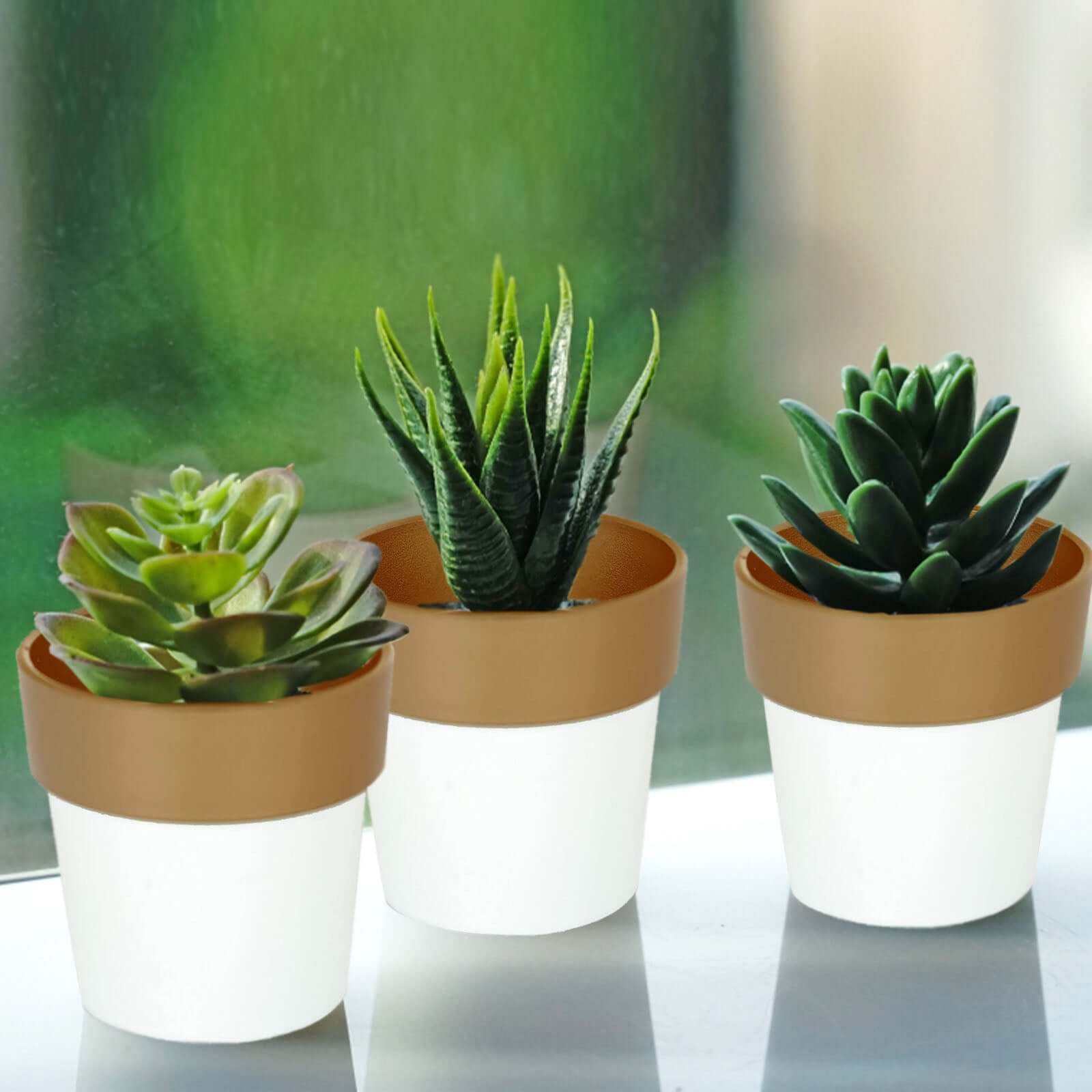 3-Pack Flower Plant Pots Small Design White with Gold Rim - Plastic Indoor Decorative Planters 3