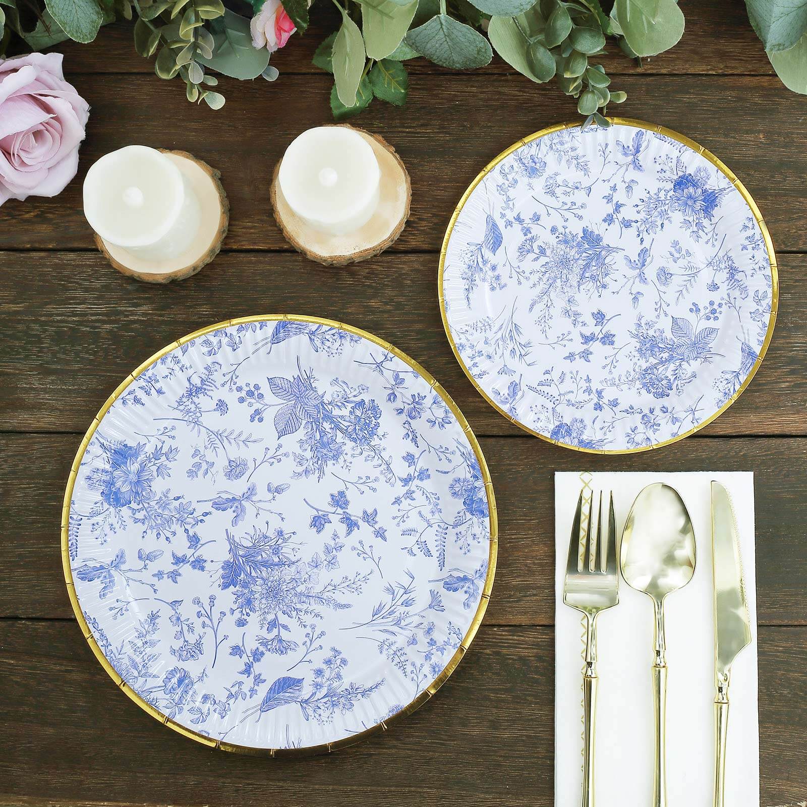 25-Pack Paper 9 Round Dinner Plates in White with Light Blue French Toile Pattern & Gold Rim - Disposable Party Plates for Picnics & Chic Brunches