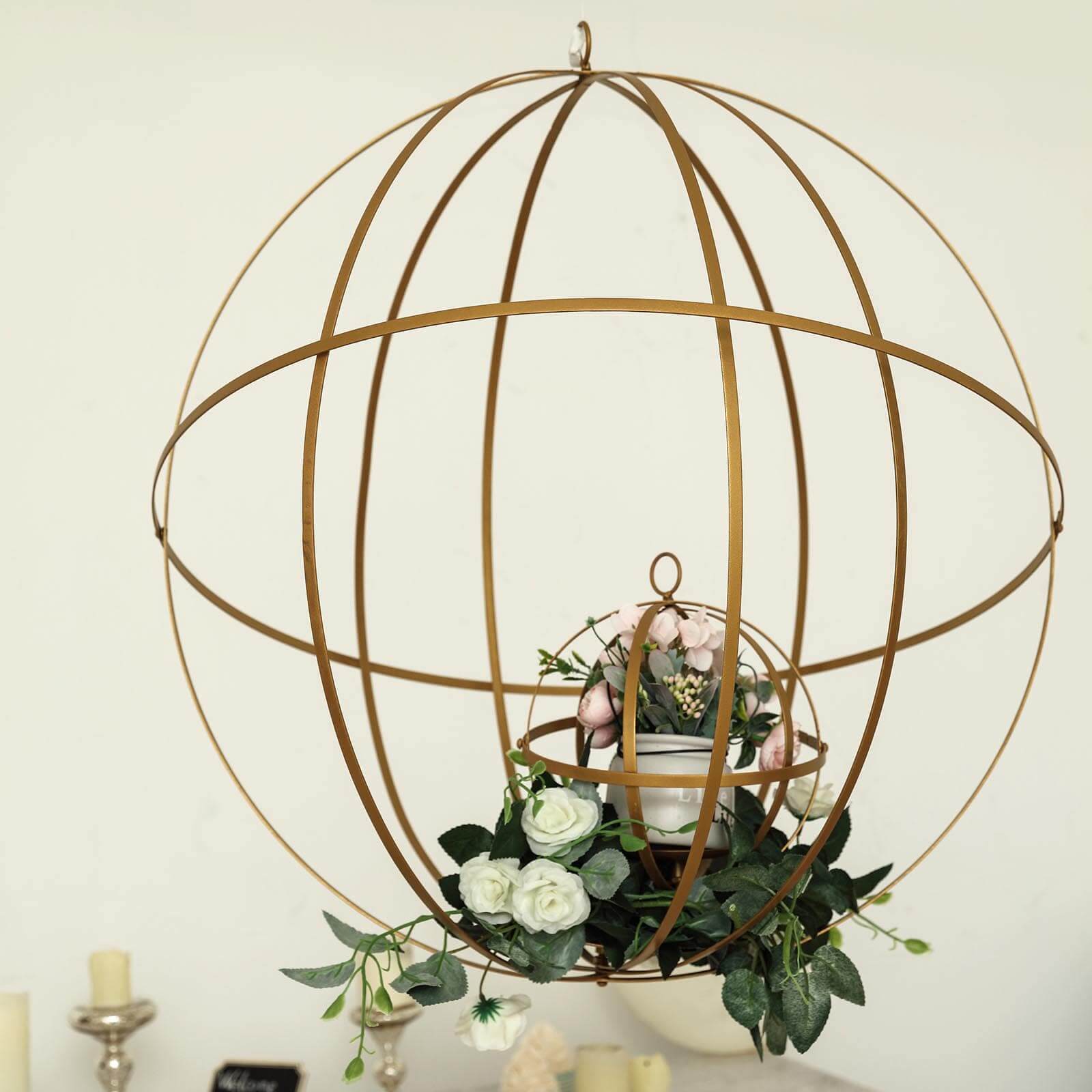 Hanging Sphere Candle Holder Gold Wrought Iron Open Frame Floral Display - Centerpiece Ball 12