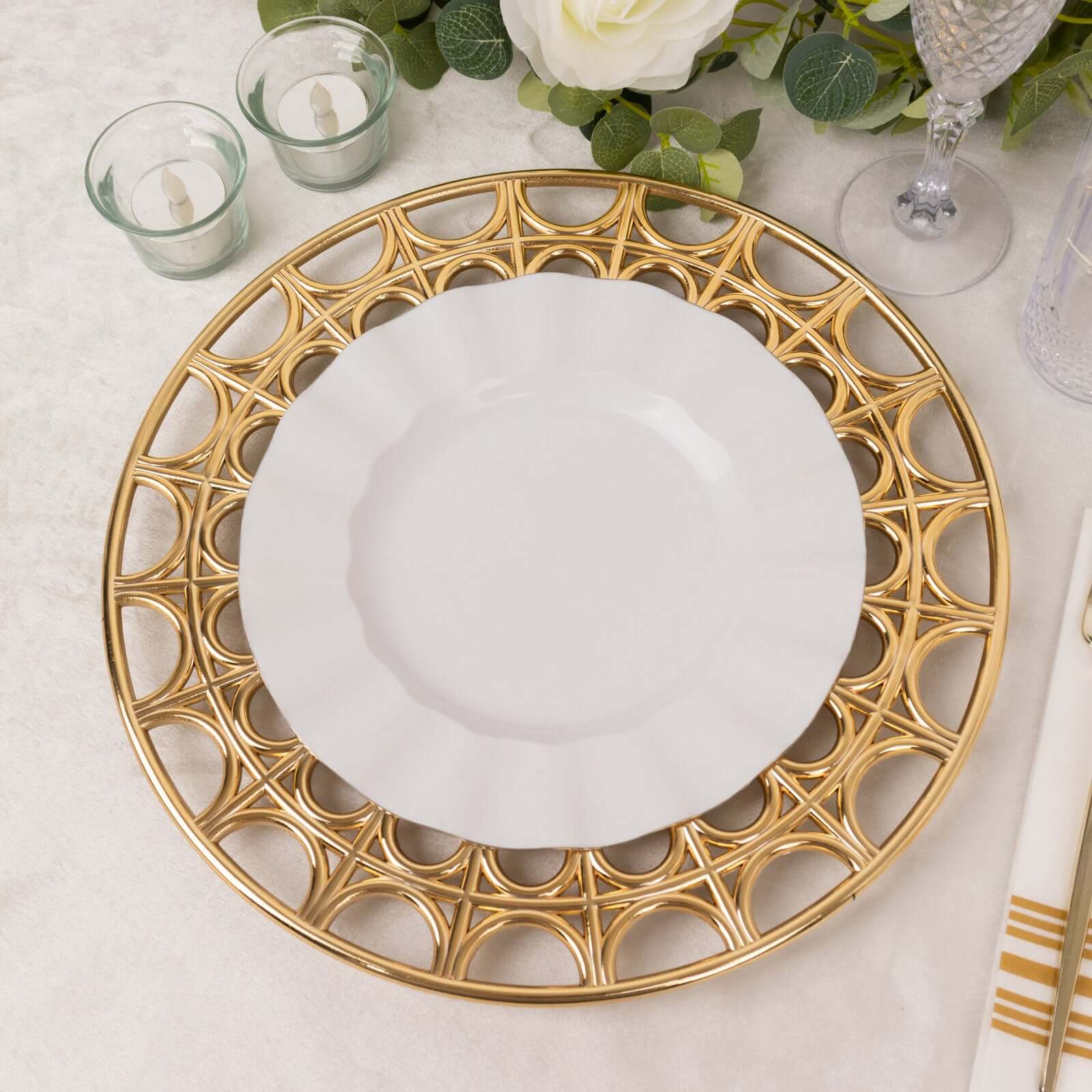 6-Pack Acrylic Round Charger Plates 13 in Metallic Gold with Hollow Semi Circle Rim, Plastic Decorative Charger Tableware