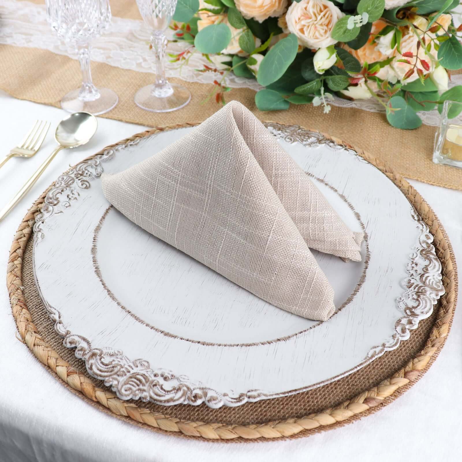 4-Pack Placemats Braided Edge Design Natural Burlap Jute Round - Rustic Farmhouse Style with Trim 15