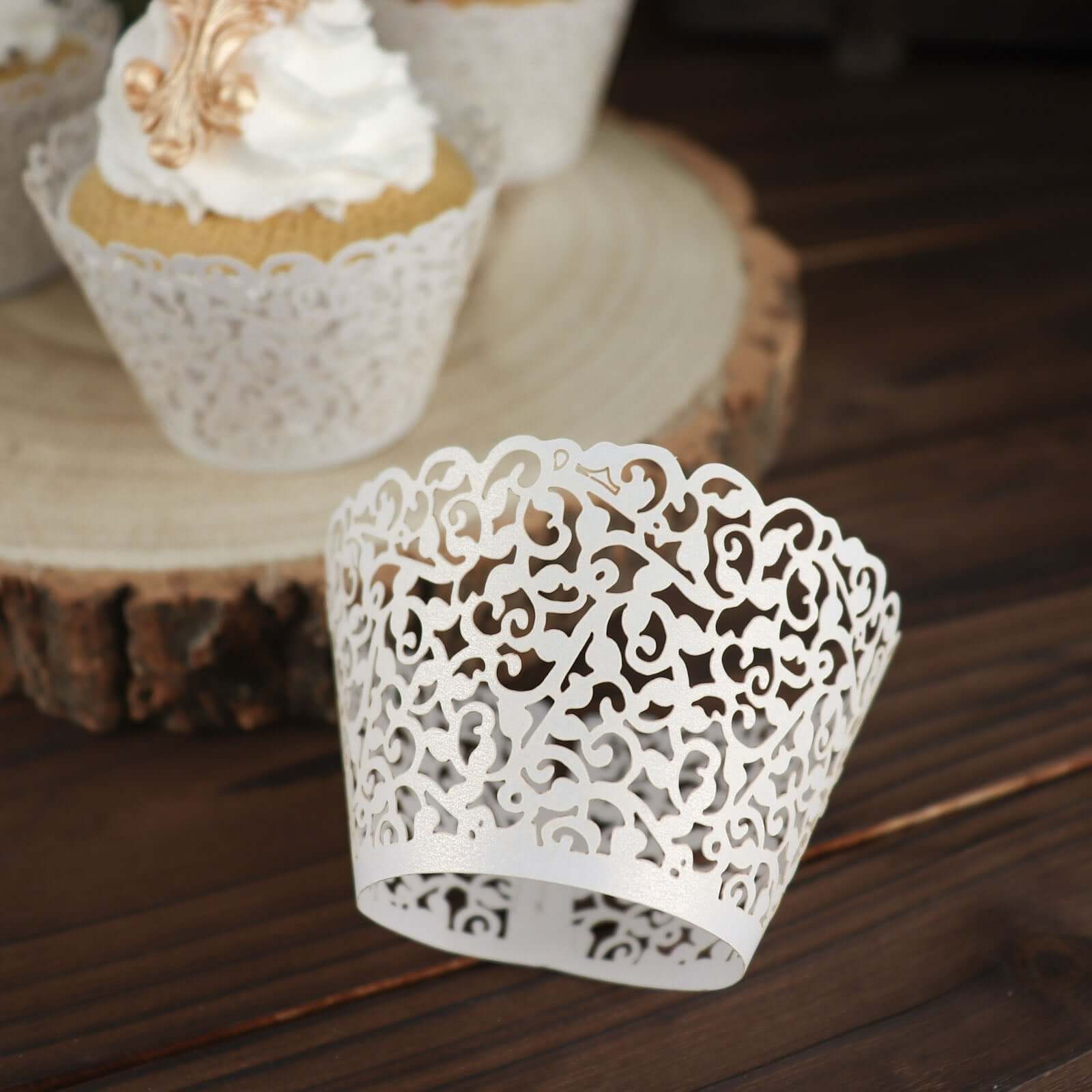 25-Pack Paper Cupcake Wrappers Lace Laser Cut Design White - Muffin Baking Cup Trays for Events