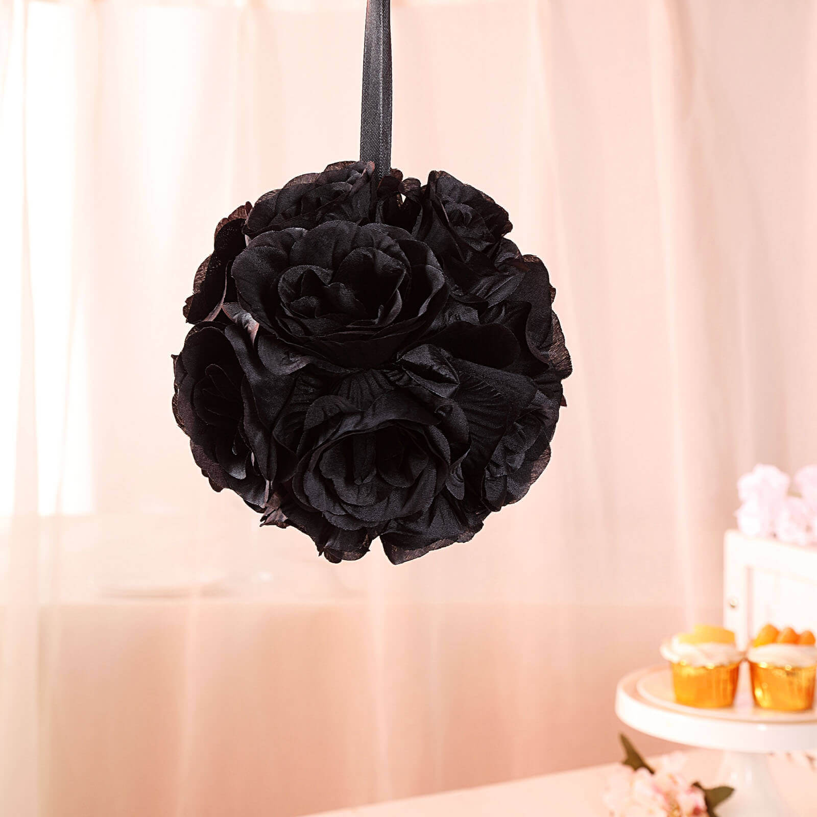 2 Pack 7 Black Artificial Silk Rose Kissing Ball, Faux Flower Ball