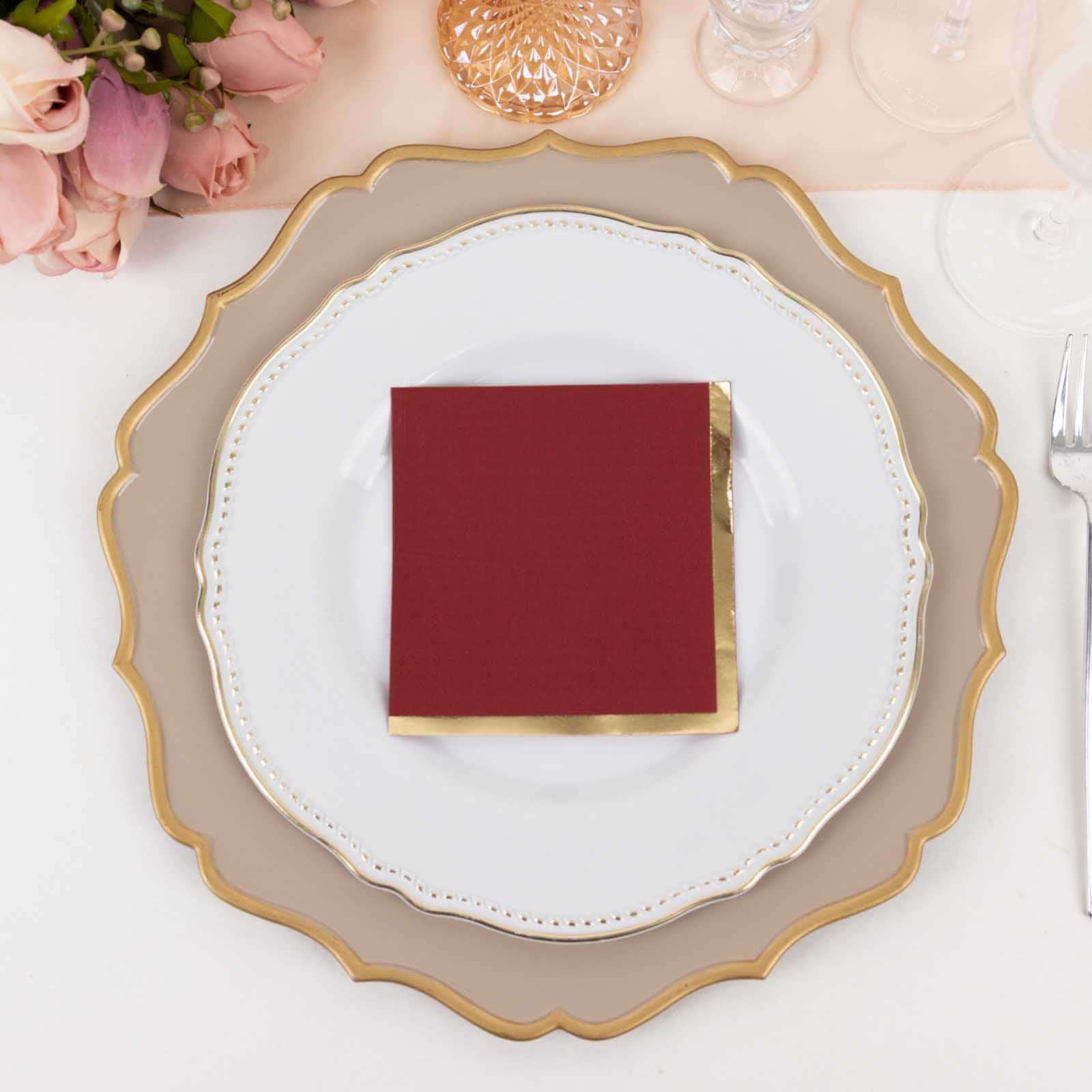 50-Pack Paper Beverage Napkins Burgundy with Gold Foil Edge - 2 Ply Disposable Soft 18GSM Cocktail Napkins 5x5