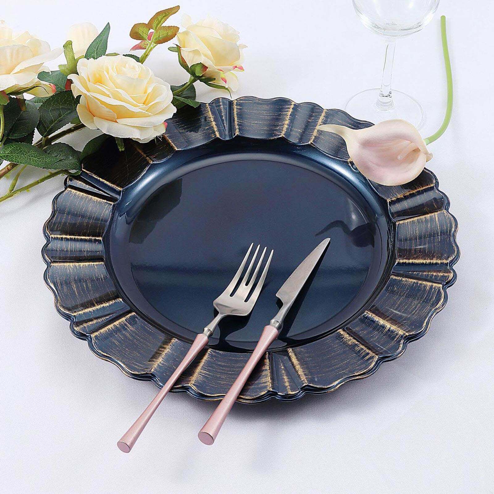 6-Pack Acrylic Plastic Round Charger Plates 13 in Navy Blue with Gold Brushed Wavy Scalloped Rim, Decorative Dinner Party Charger Tableware