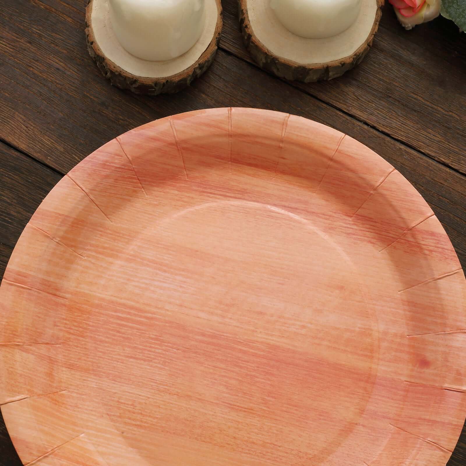 25-Pack Paper 10 Round Dinner Plates Natural Wood Grain Print - Rustic & Nature-Inspired Disposable Party Plates