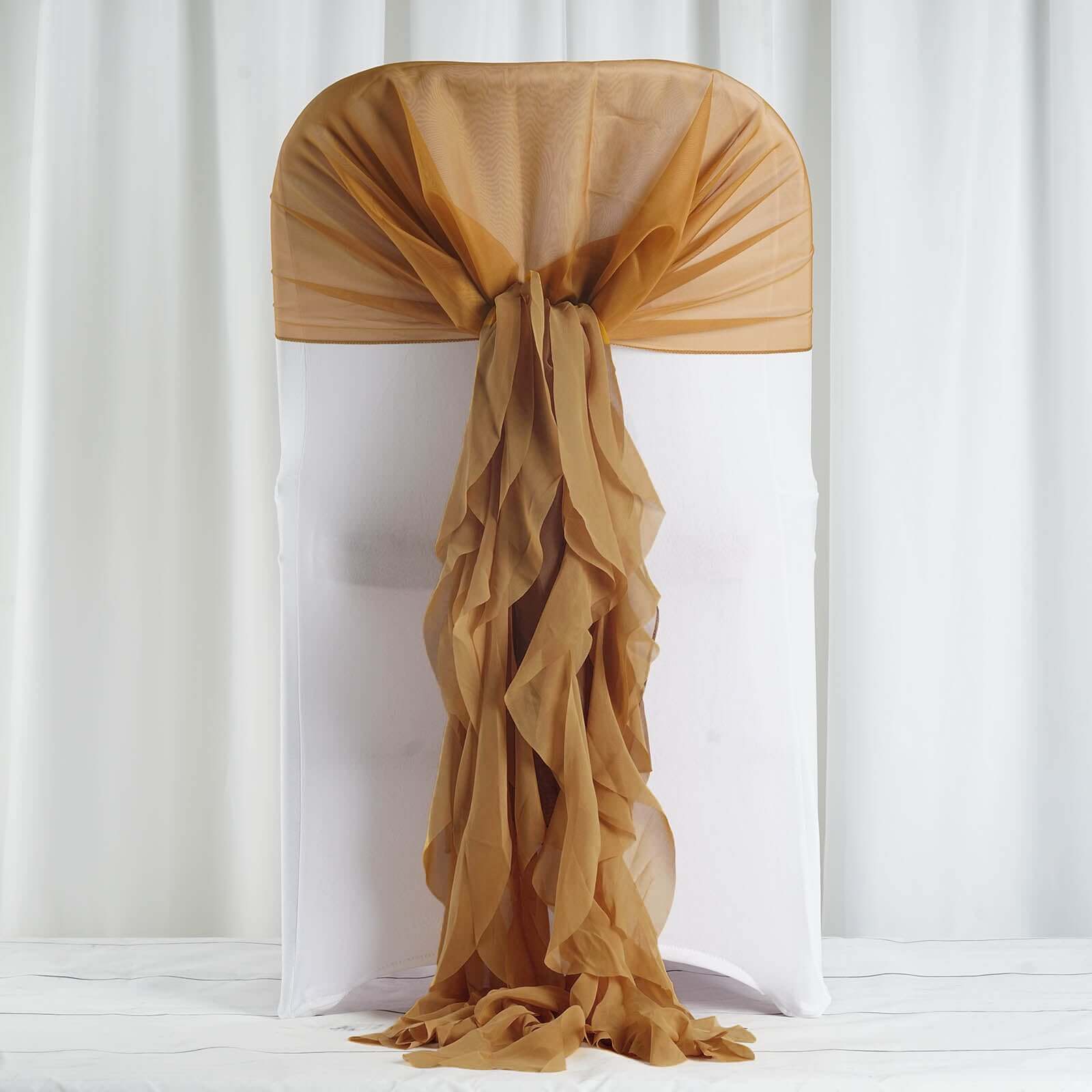 1 Set Chiffon Hoods Chair Sashes with Willow Ruffles Design Gold - Stylish Decor for Weddings & Gatherings