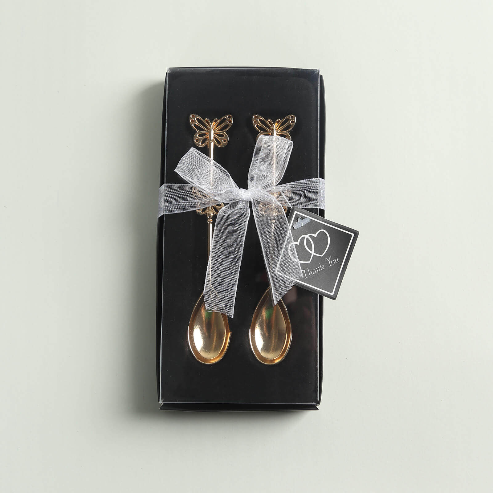 5 Pack Gold Metal Butterfly Handle Dessert Spoons in Clear Top Black Gift Box, Pre-Packed Mini Espresso Coffee Spoons Wedding Souvenir Gift with Thank You Tag and Ribbon - 4