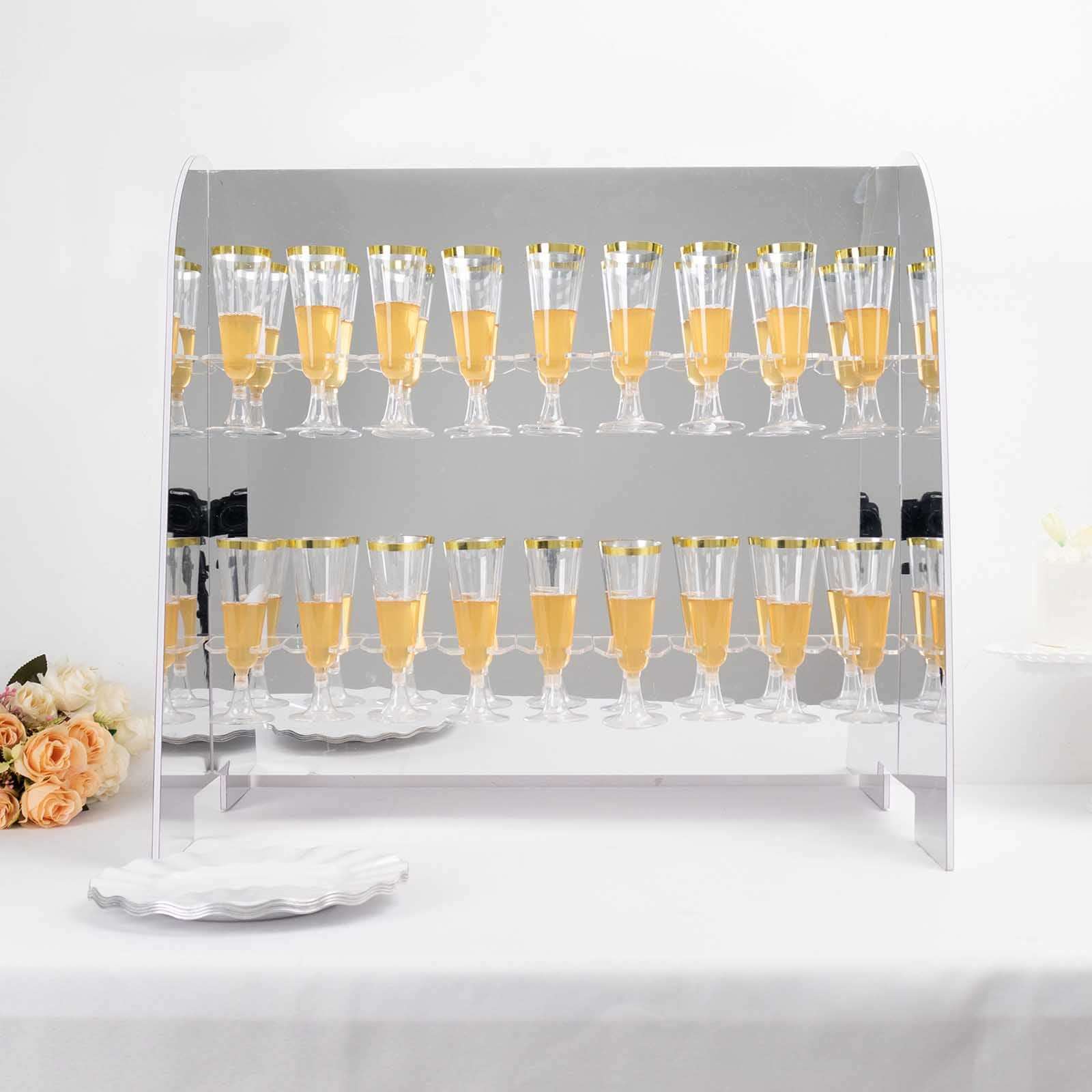 2-Tier Champagne Glass Holder Display Stand Table Top in Silver Mirror Finish - Modern Stemware Rack Cocktail Drink Holder with 18 Hooks for Events & DIY Bars 25