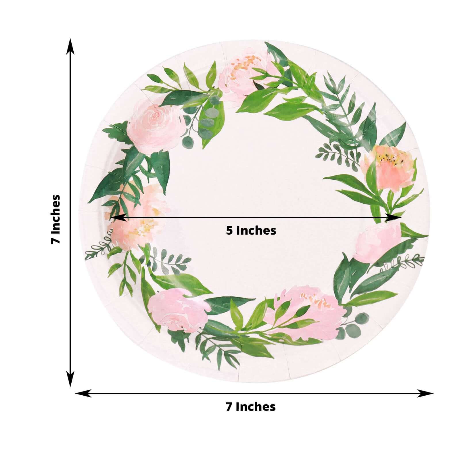 25-Pack Paper 7 Round Dessert Plates in White with Rose/Peony Flower Wreath - Disposable Appetizer Salad Plates for Special Occasions & Gatherings