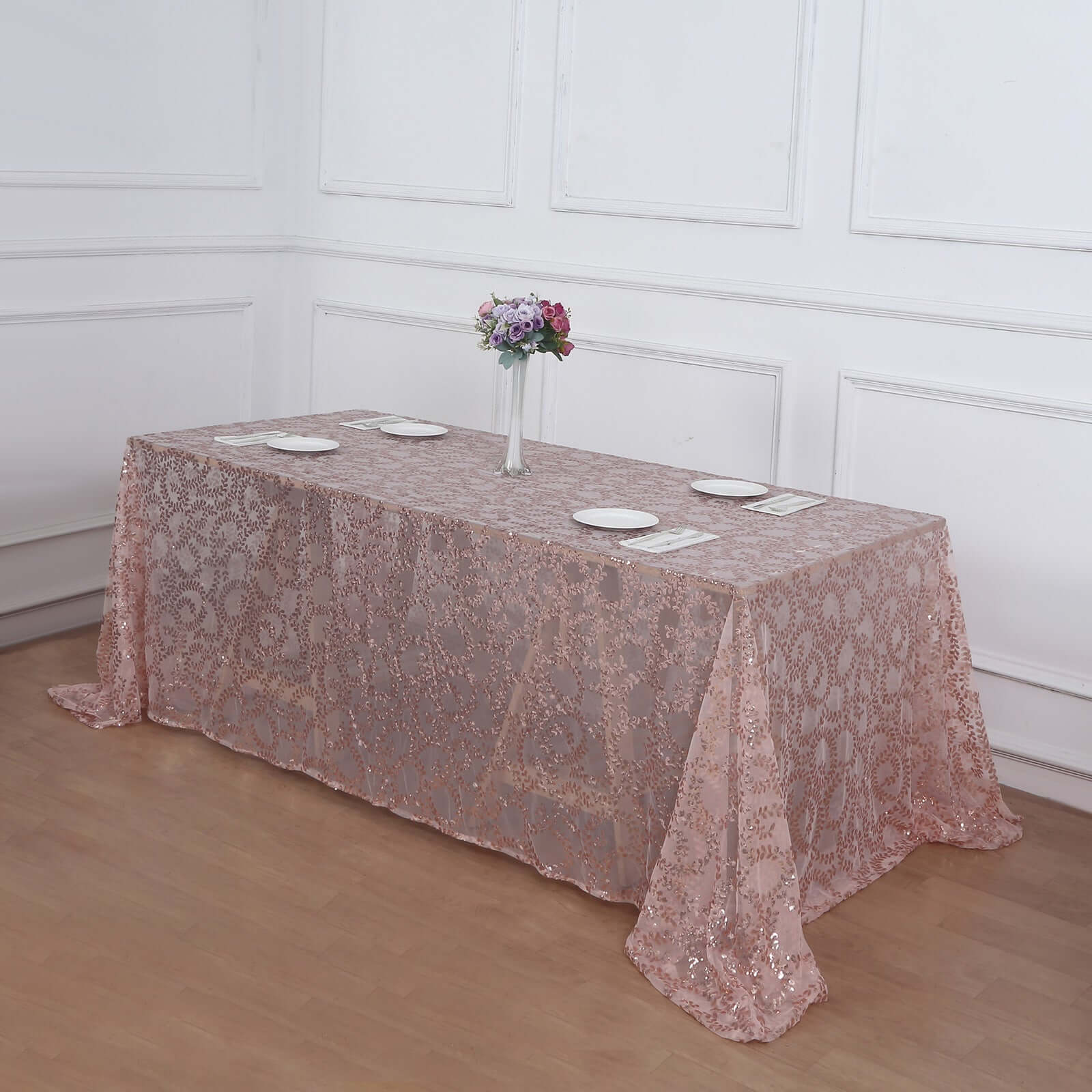 Tulle 90x156 Rectangle Tablecloth Rose Gold - Sequin Leaf Embroidered Table Cover