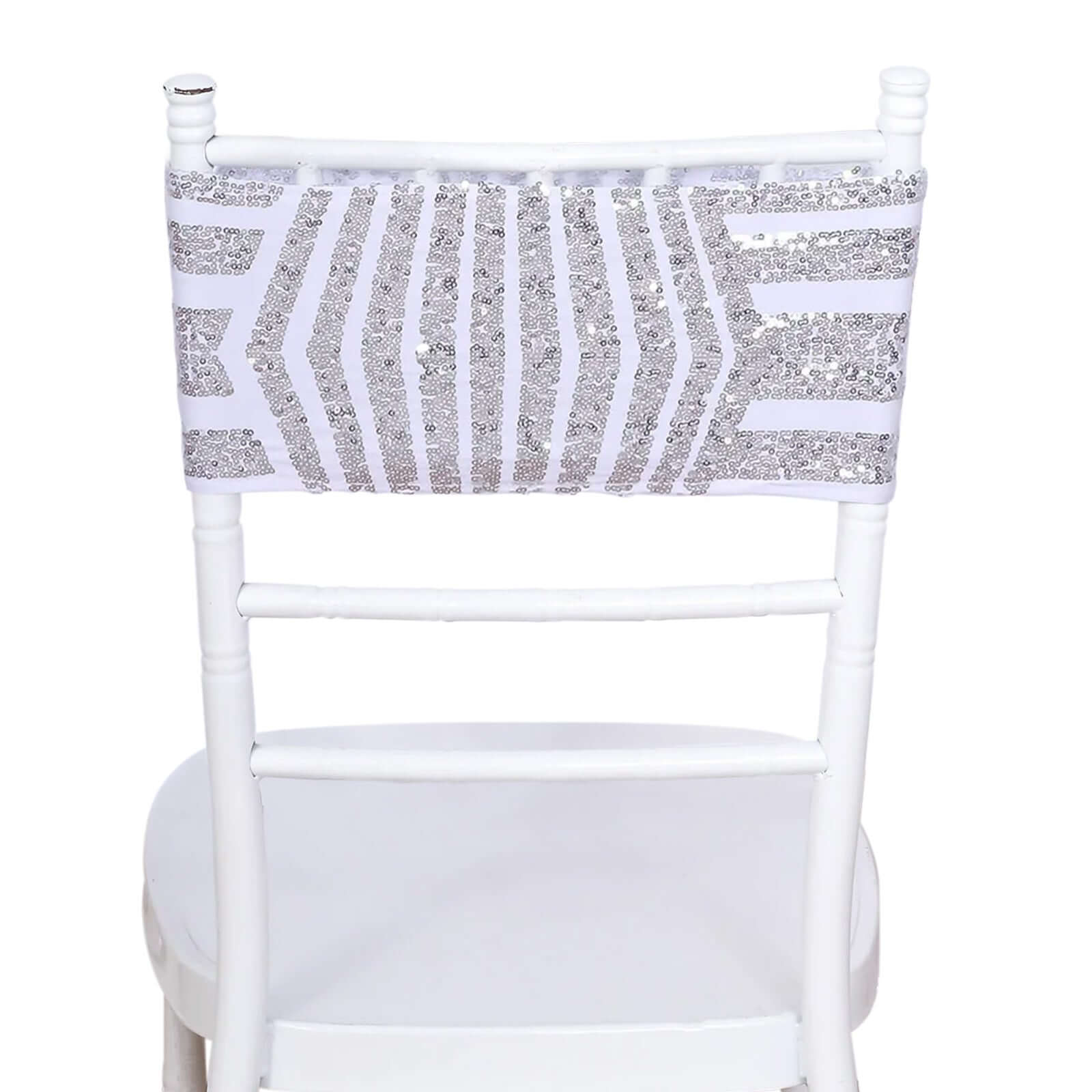 5 Pack Sequin Spandex Chair Sash White with Silver Geometric Diamond Glitz Pattern - Durable & Easy To Use Stretchable Chair Bands