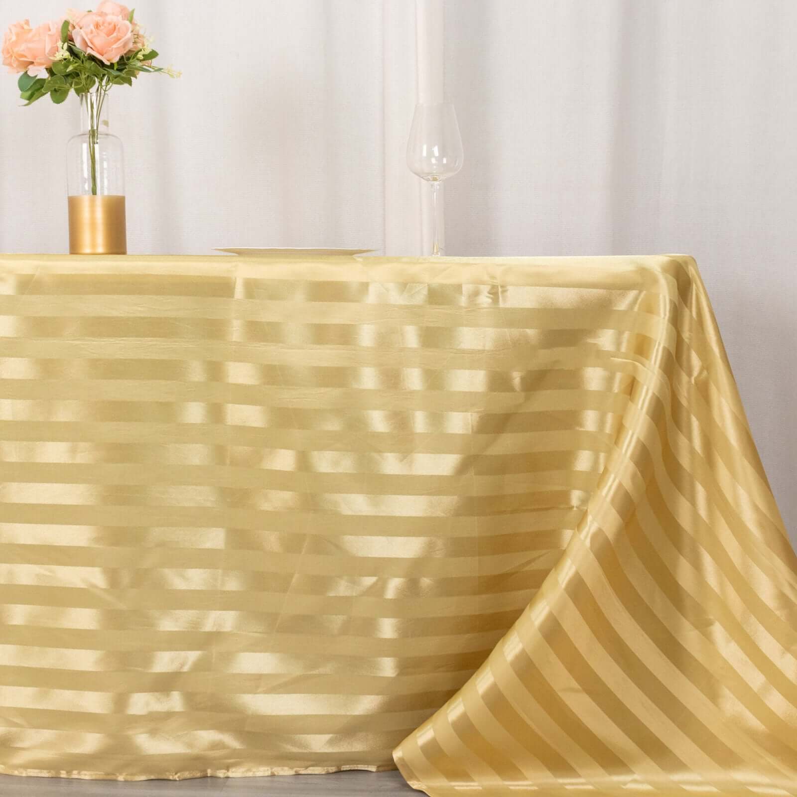 Satin Striped 90x132 Rectangular Tablecloth Champagne Satin Stripe - Seamless Silky Smooth Table Cover