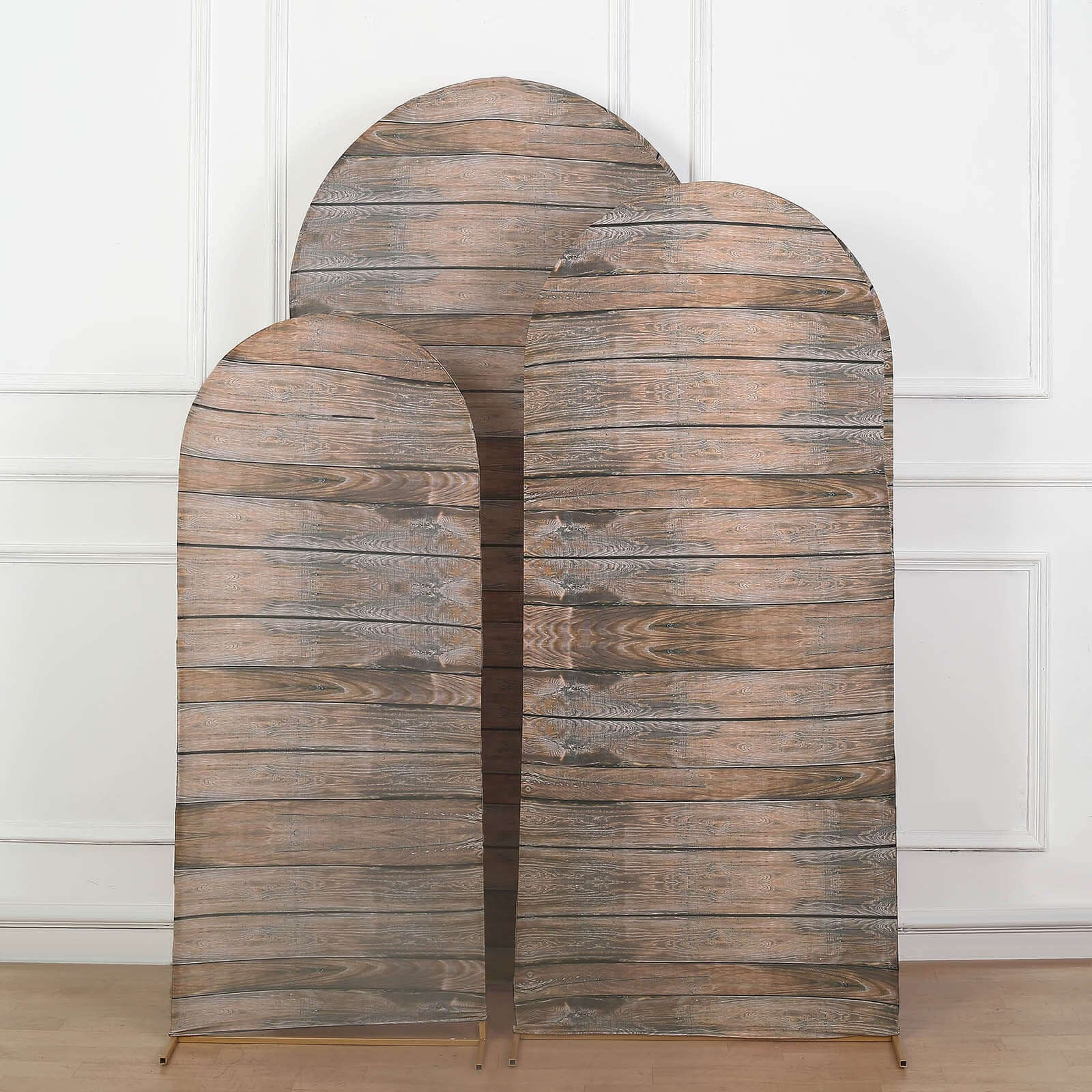 Set of 3 Brown Rustic Wood Plank Pattern Spandex Fitted Chiara Backdrop Stand Cover For Round Top Wedding Arch - 5ft, 6ft, 7ft