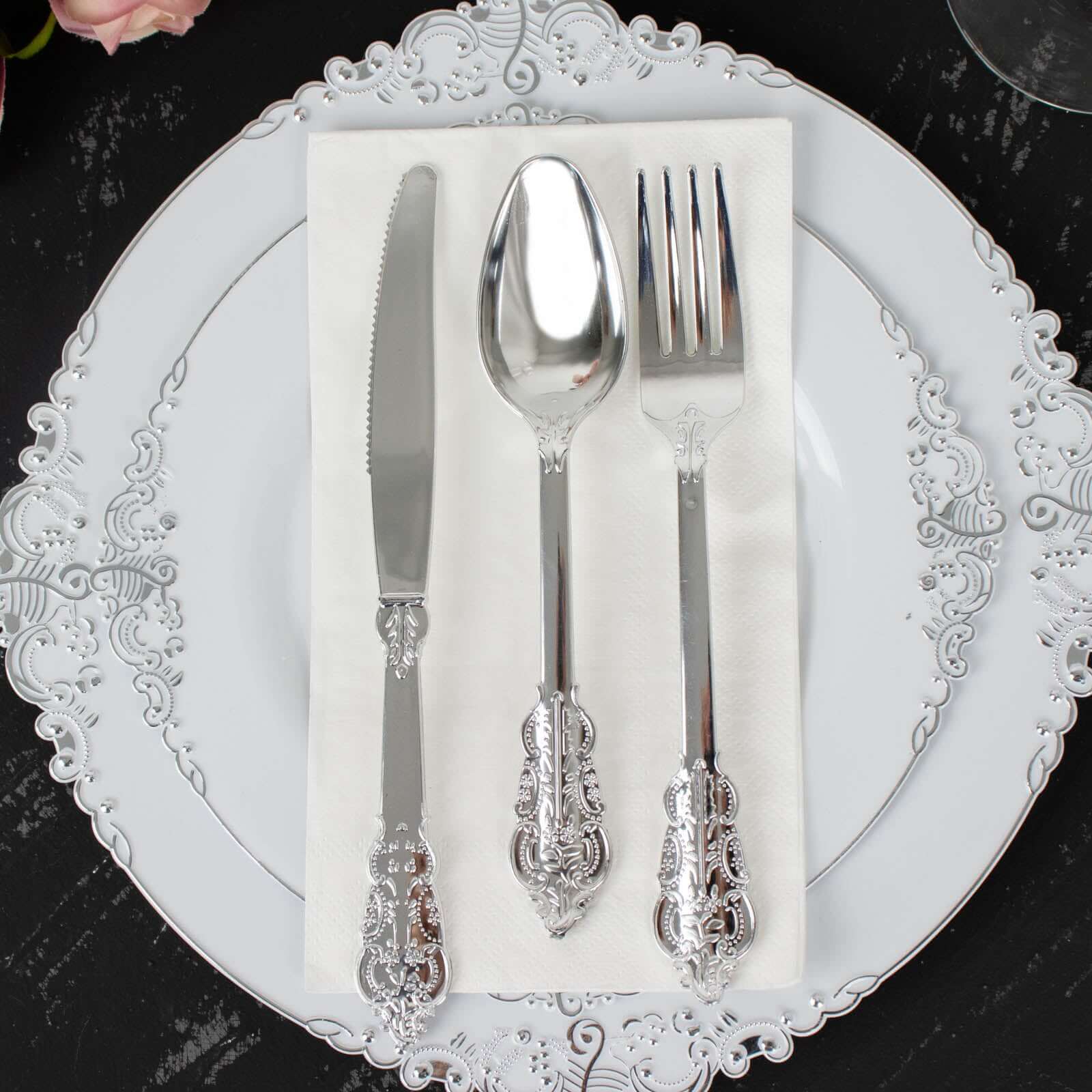 72 Pcs Plastic Silverware Set in Baroque Style Metallic Silver - Heavy Duty Disposable Knife, Fork, and Spoon Set