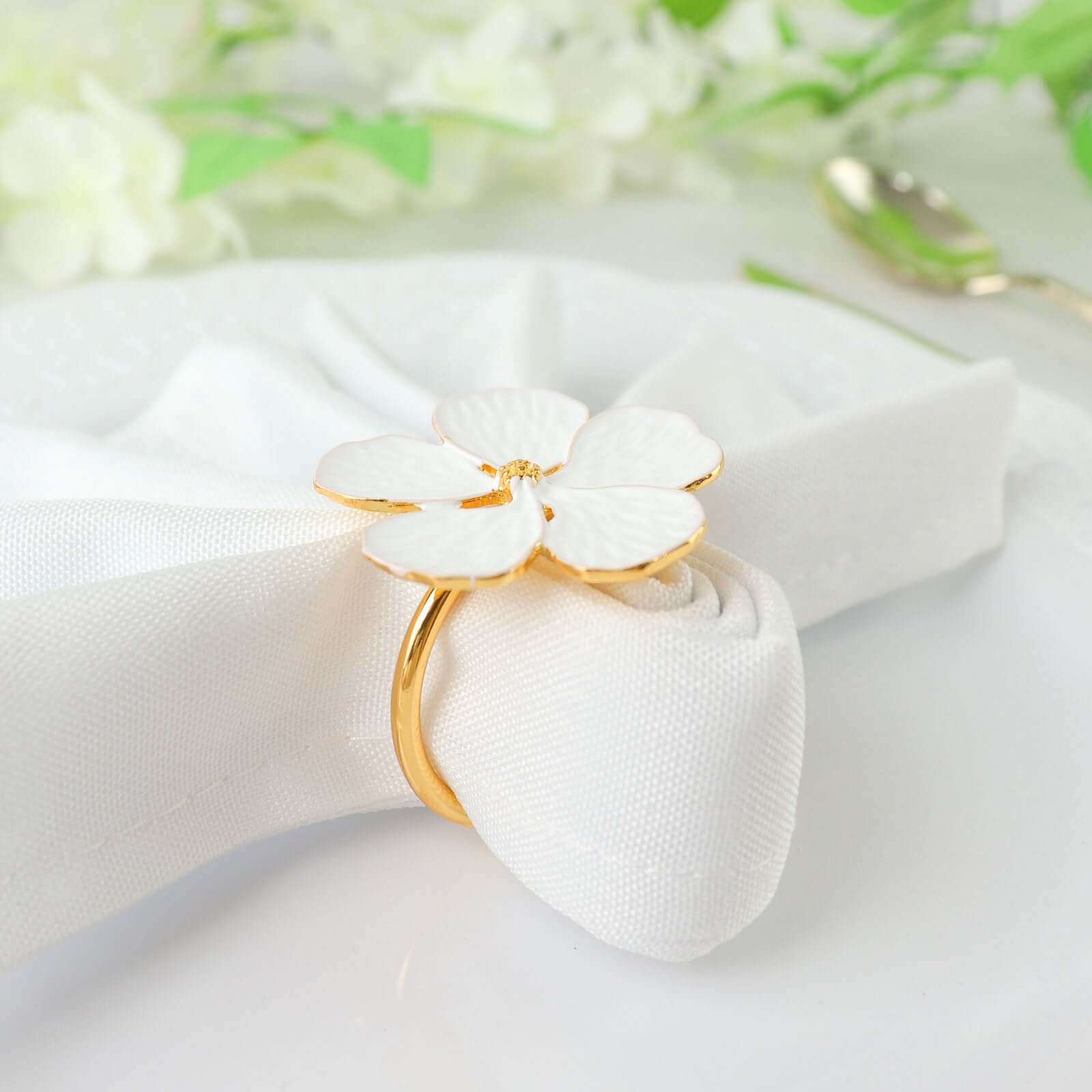 4 Pack White and Gold Metal Flower Napkin Rings, Floral Serviette Buckle Napkin Holder Set - Plum Blossom Design