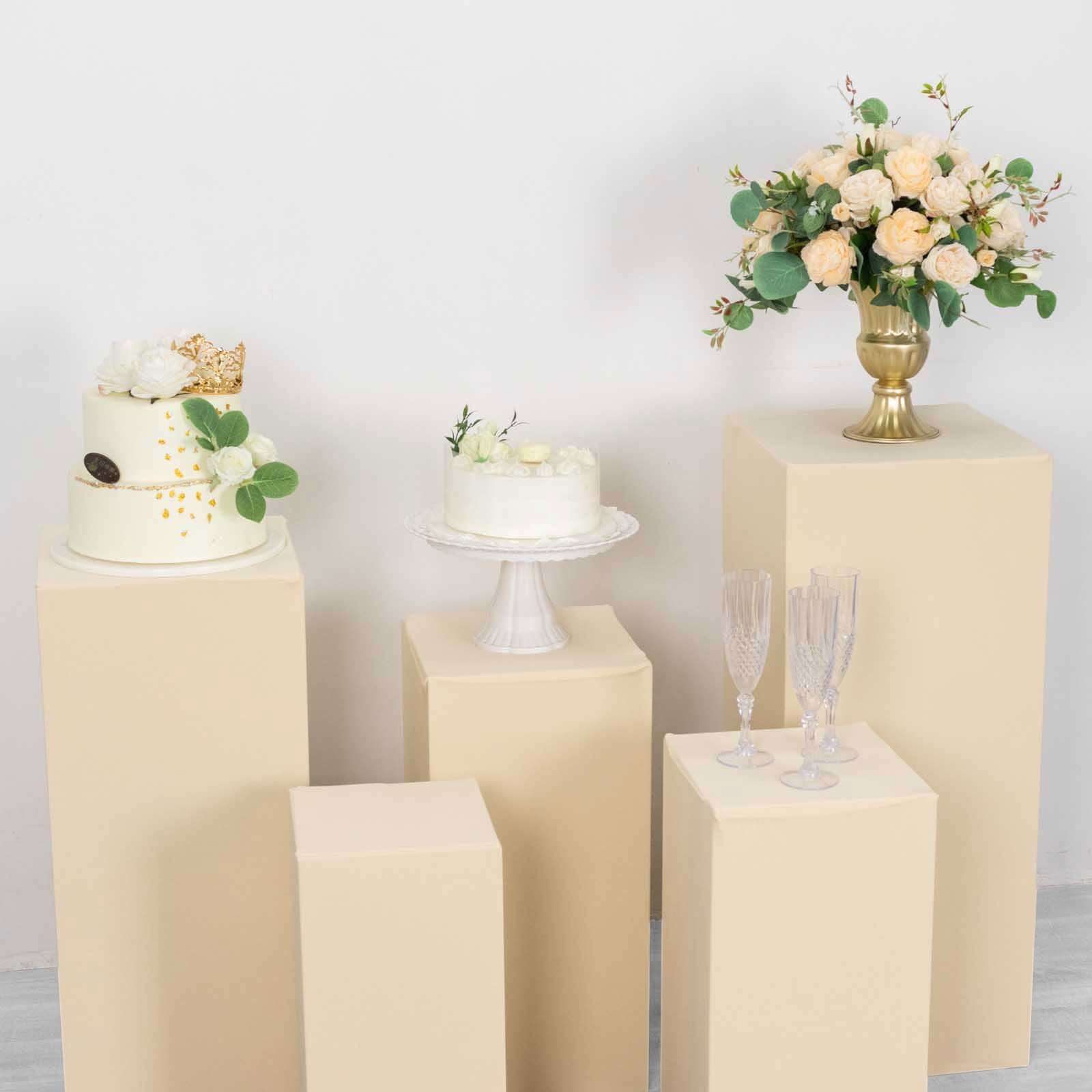 Set of 5 Beige Spandex Rectangle Pedestal Stand Covers, Stretchable Pillar Prop Covers - 160 GSM