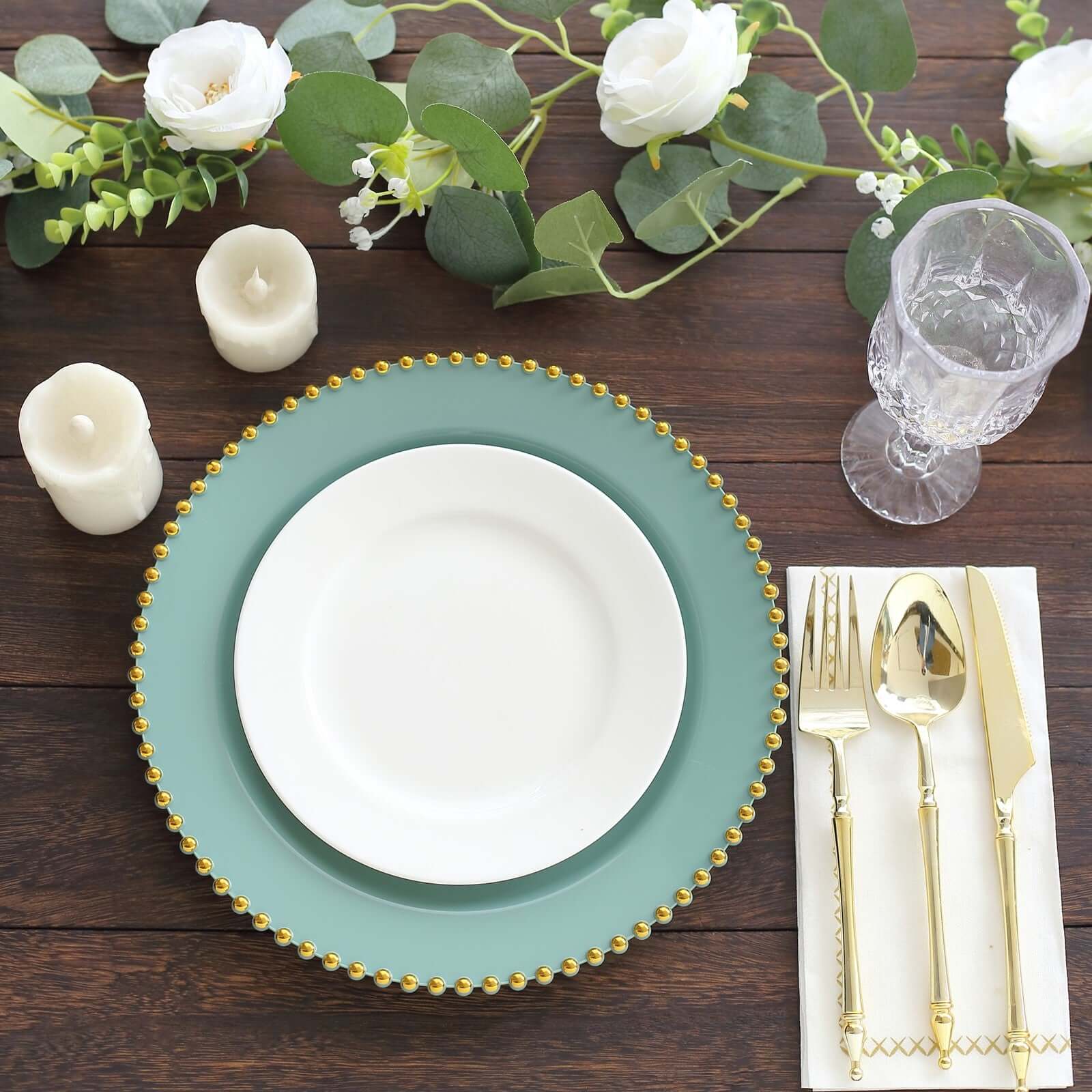 10-Pack Plastic 10 Round Dinner Plates in Dusty Sage Green with Gold Beaded Rim - Disposable Party Plates