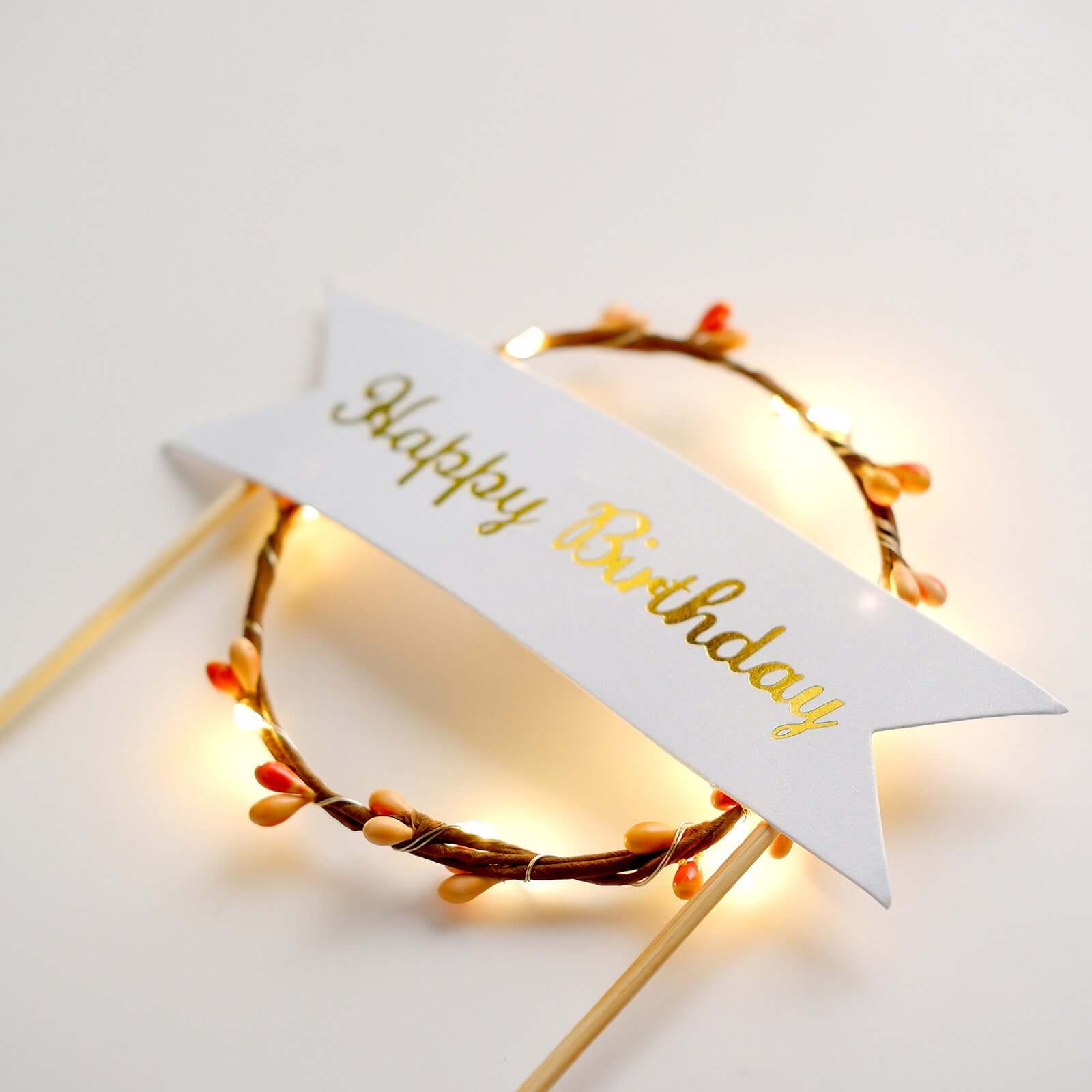 Light Up Happy Birthday Cake Topper Warm White LED - Luminous Blinking Mini Wreath Cake Decoration for Glamorous Birthday Parties & Events