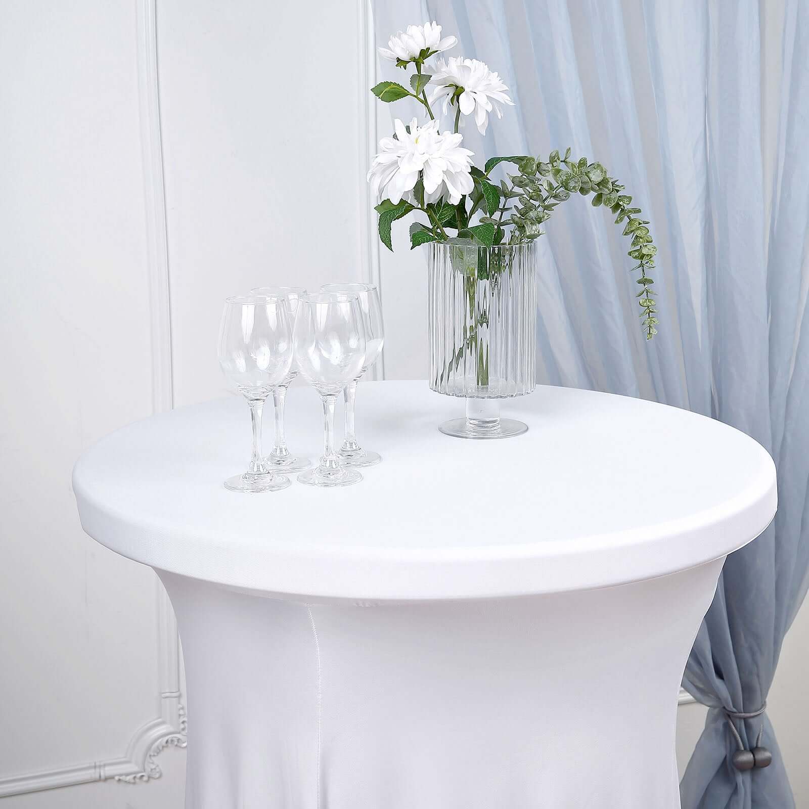 Spandex 32 Round Cocktail Table Cover Skirt White With Natural Wavy Drapes - Stylish & Sophisticated Event Decor