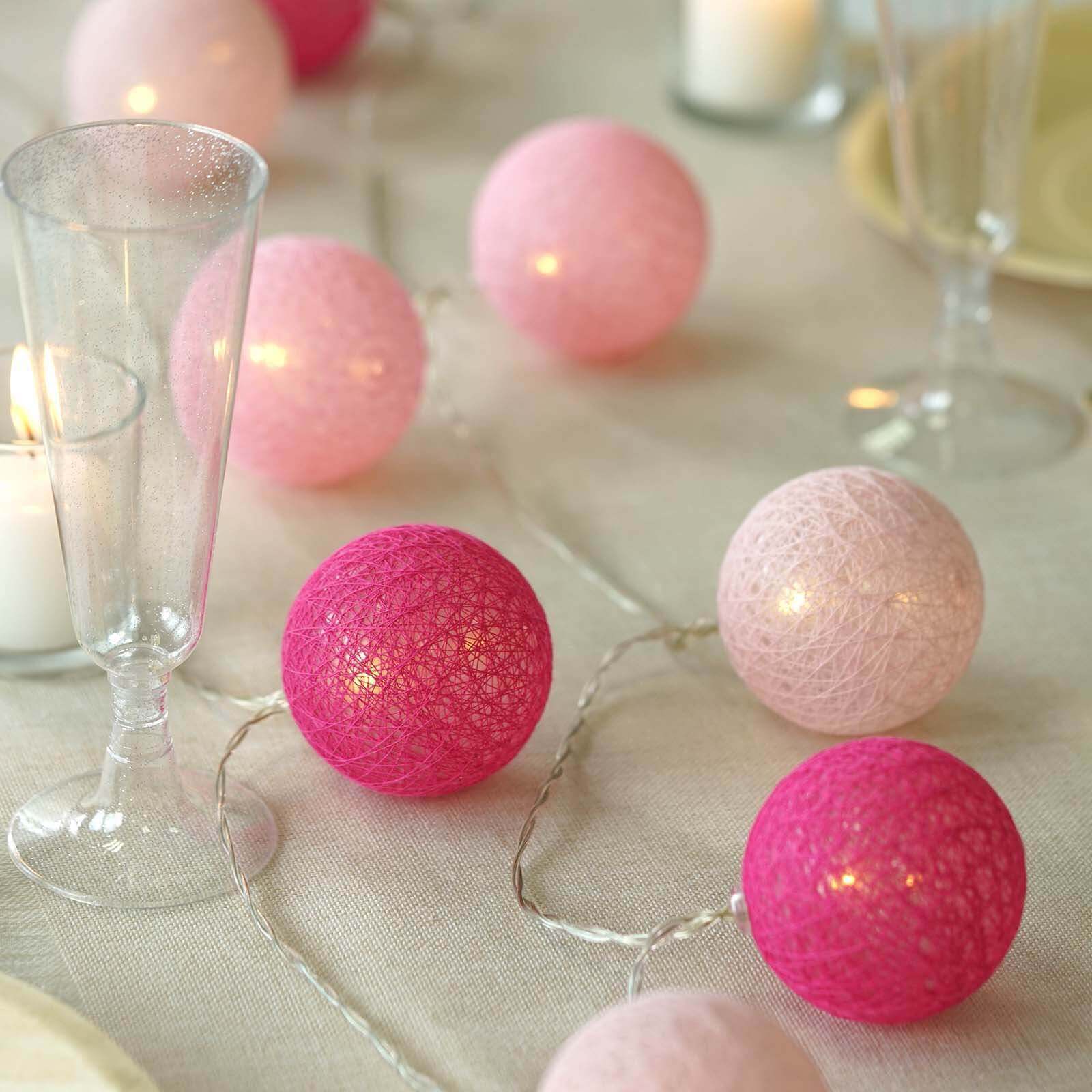 20 LED String Light Garland Pink Cotton Ball Blush, Fuchsia Warm White - Battery Operated Accent Piece 13ft