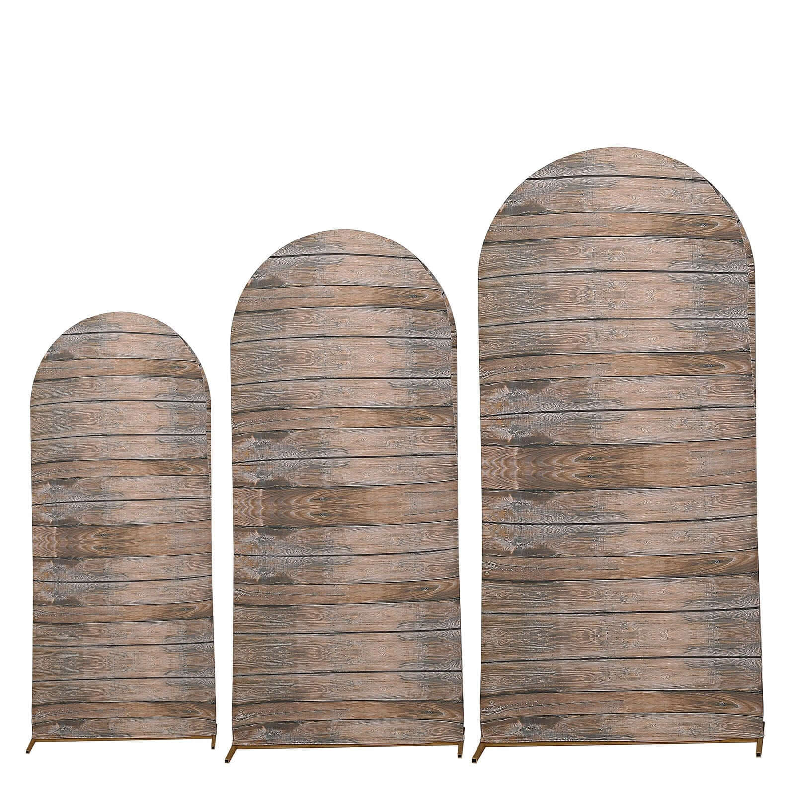 Set of 3 Brown Rustic Wood Plank Pattern Spandex Fitted Chiara Backdrop Stand Cover For Round Top Wedding Arch - 5ft, 6ft, 7ft