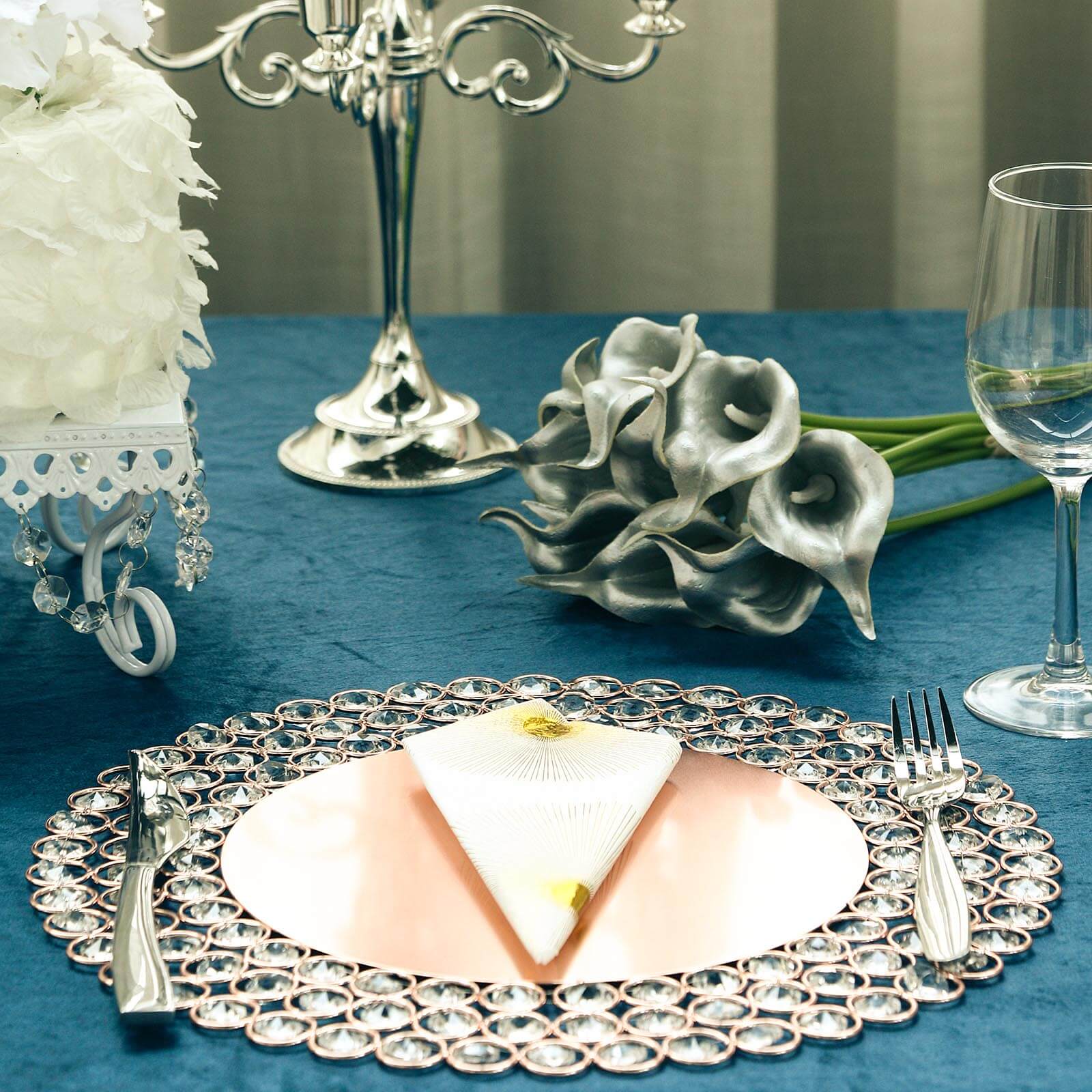 Wired Metal Round Charger Plate 14 in Rose Gold with Acrylic Crystal Beads, Glamorous Decorative Dinner Charger Tableware