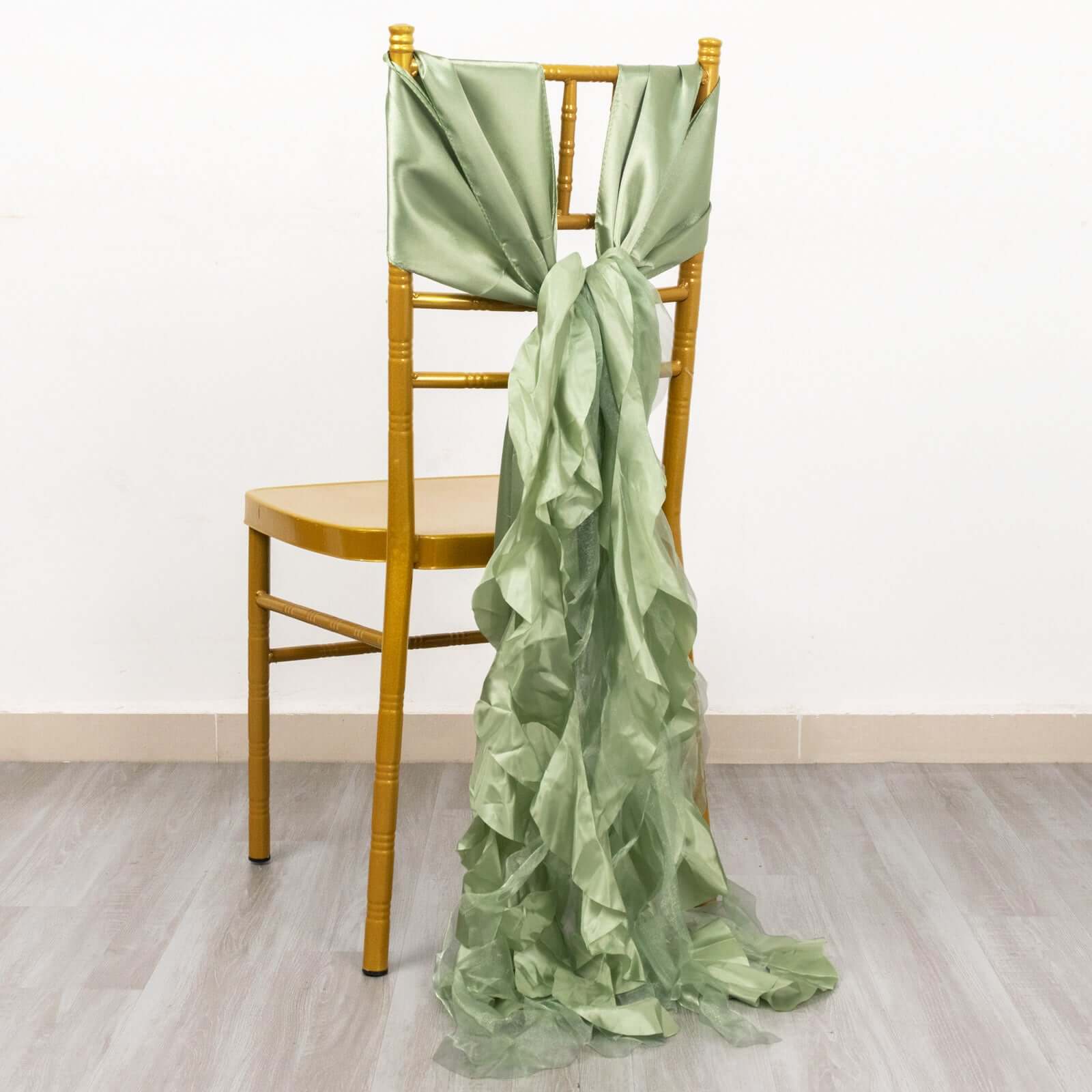 5 Pack Chiffon Satin Chair Sashes Sage Green - Easy to Install Ruffled Curly Willow