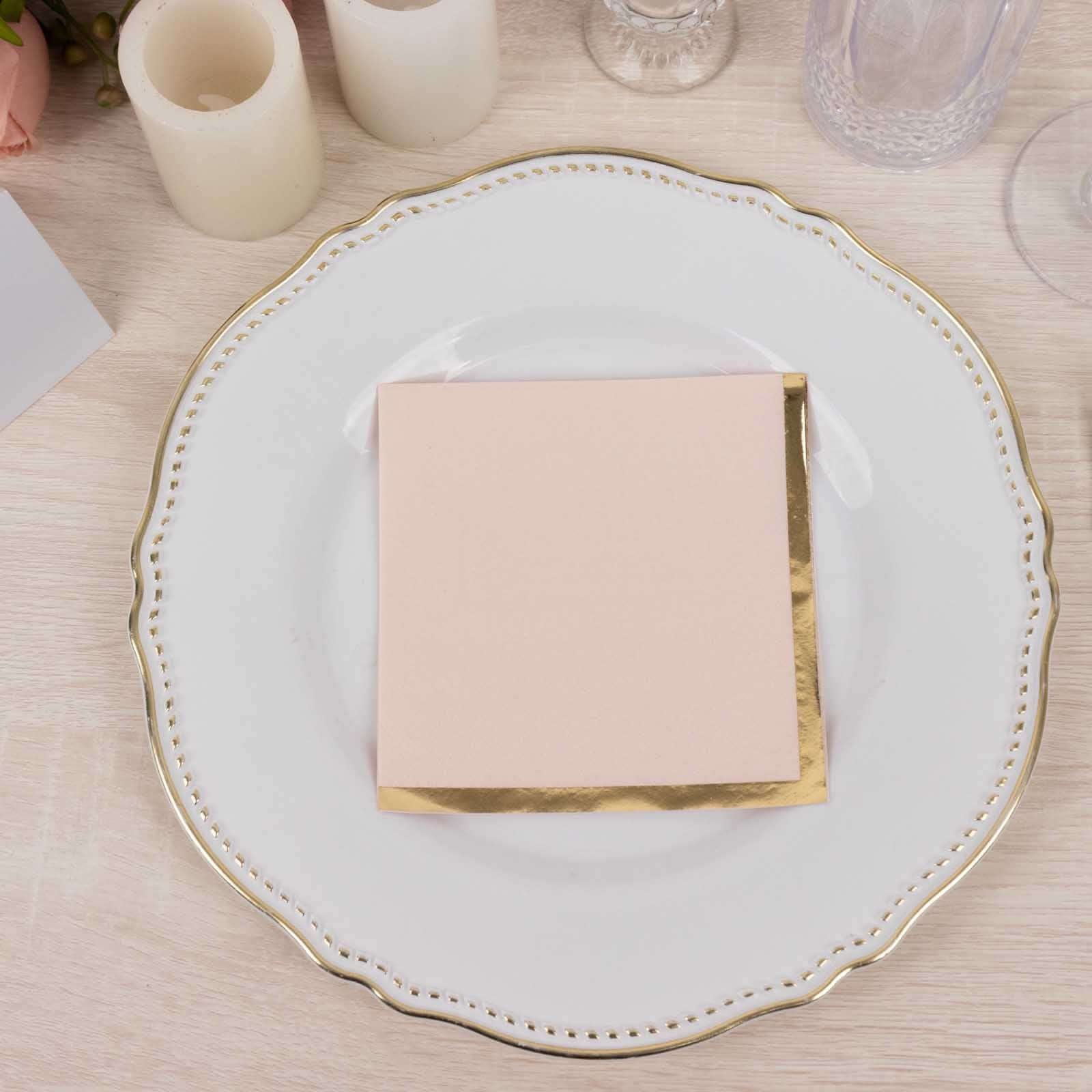 50-Pack Paper Beverage Napkins Blush with Gold Foil Edge - 2 Ply Disposable Soft 18GSM Cocktail Napkins 5x5