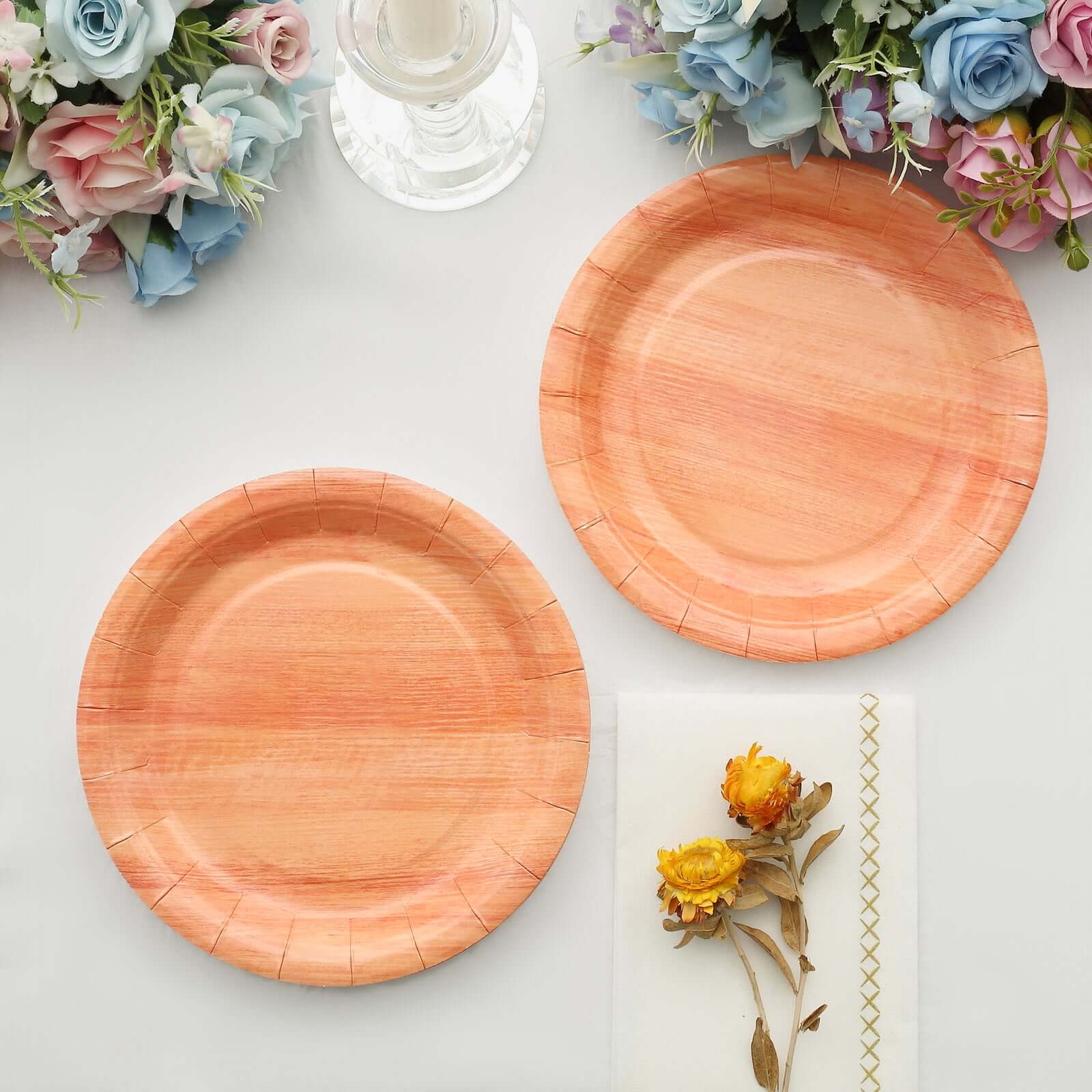 25-Pack Paper 7 Round Dessert Plates in Natural Wood Grain Print - Disposable Appetizer Salad Plates for Rustic Farmhouse Style Events