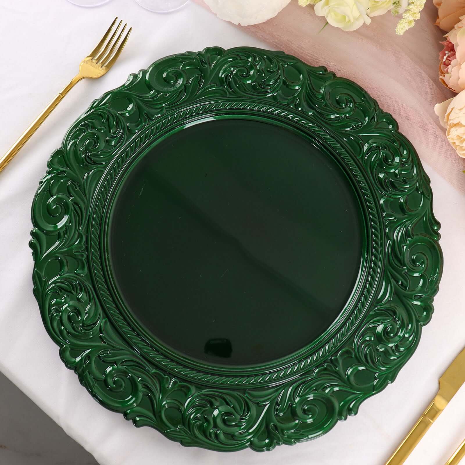 6-Pack Acrylic Round Charger Plates 14 in Hunter Emerald Green with Engraved Baroque Rim, Vintage Disposable Decorative Chargers