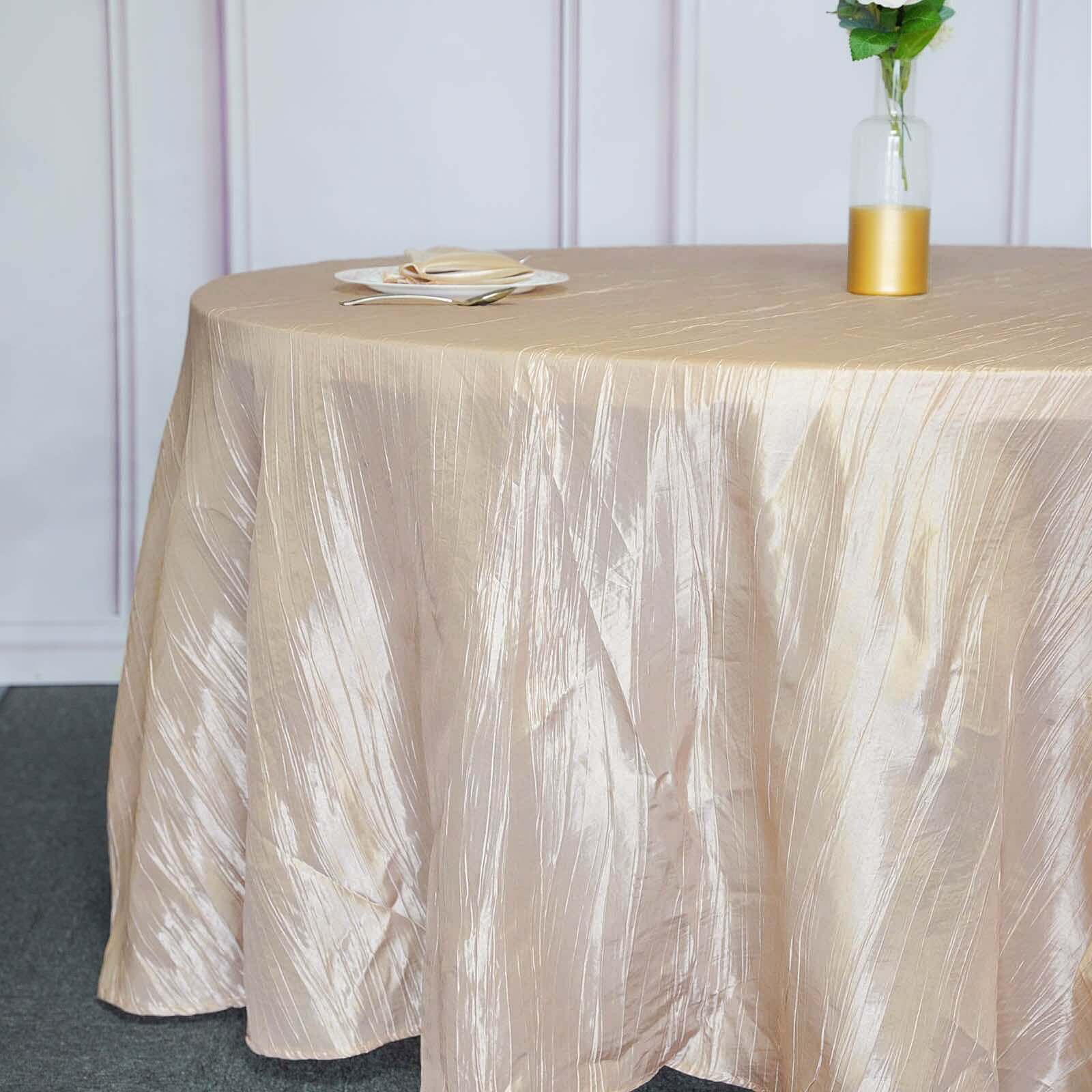 Taffeta 120 Round Tablecloth Beige - Seamless Accordion Crinkle Table Cover