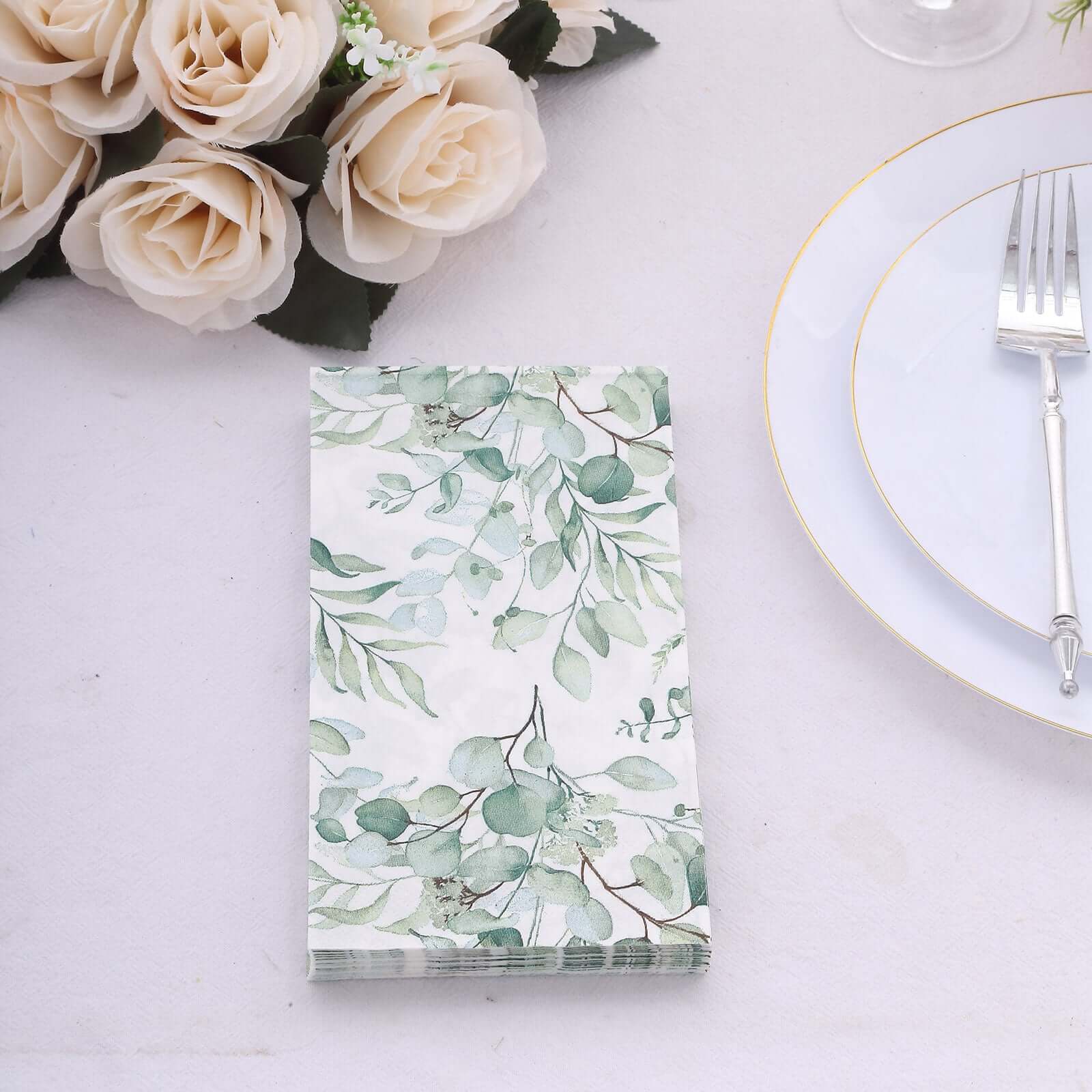 20-Pack Paper Dinner Napkins Green with Eucalyptus Leaf Print 2 Ply - Stylish Boho Napkins for Events